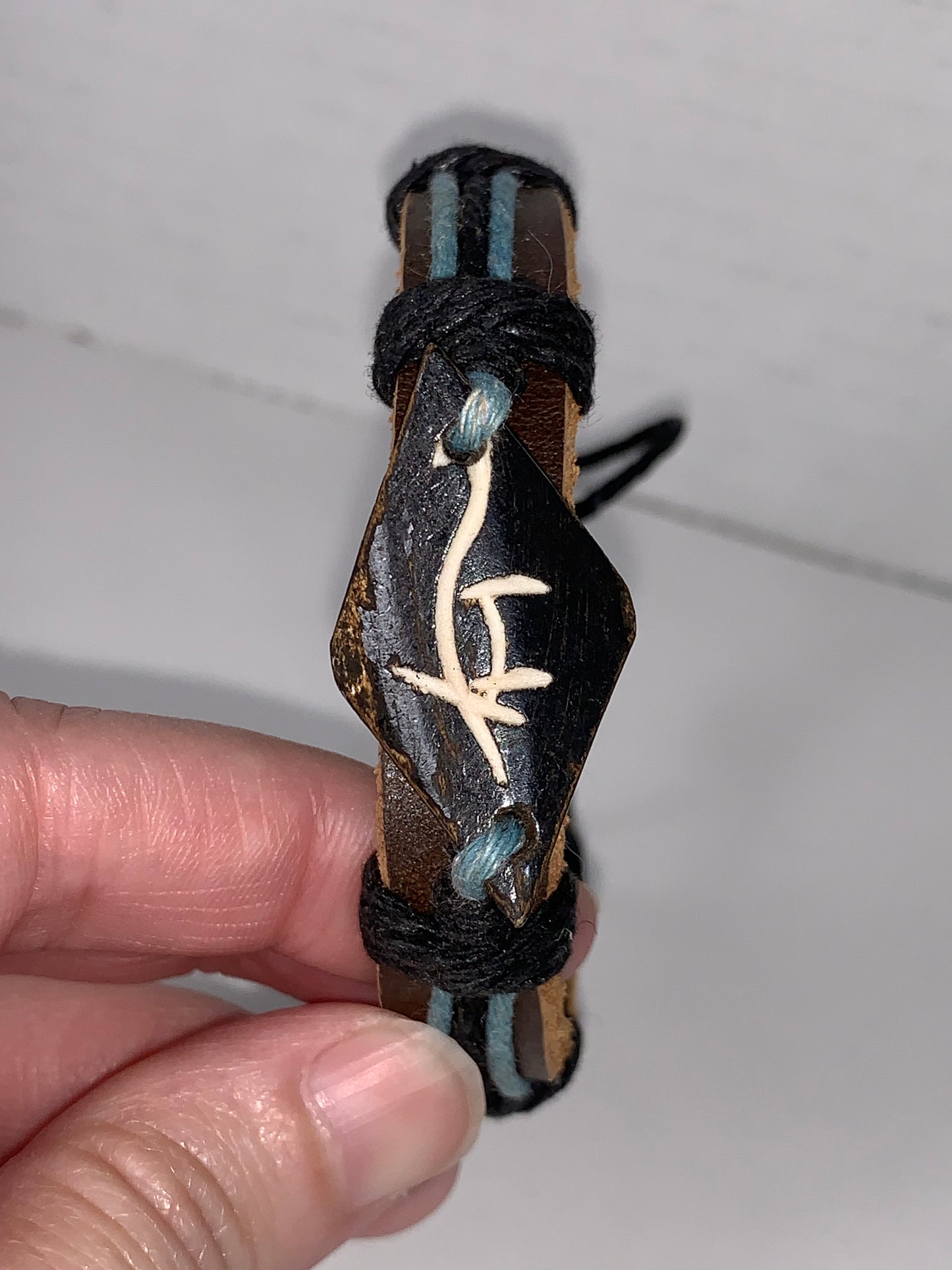 12" Long Leather Bracelet with Blue Hemp detail