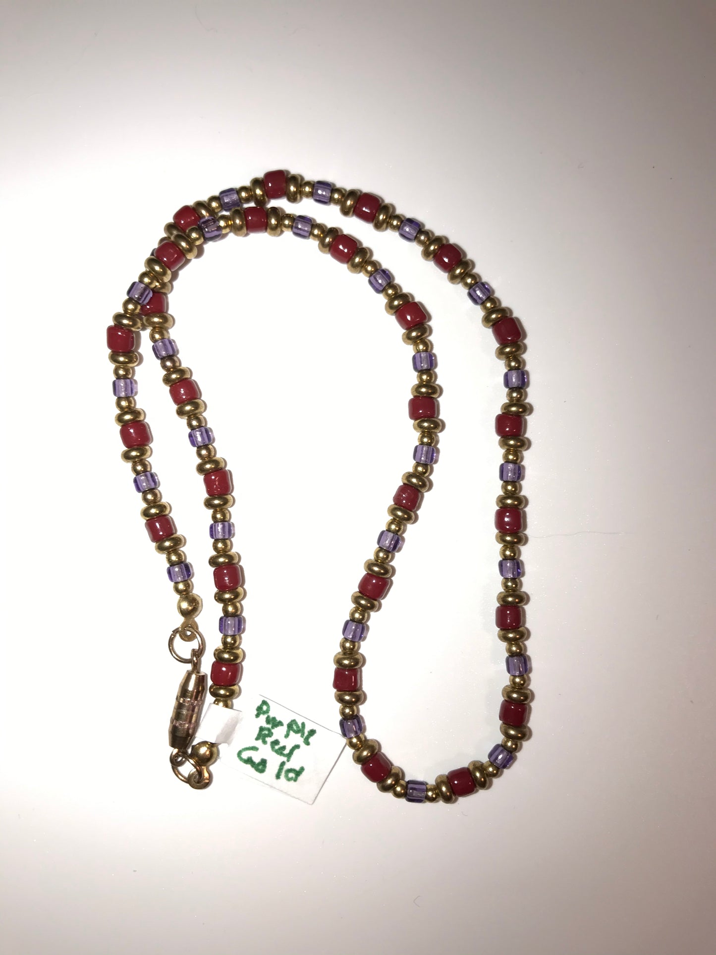 14" Long Red, Purple, and Gold Beaded Necklace