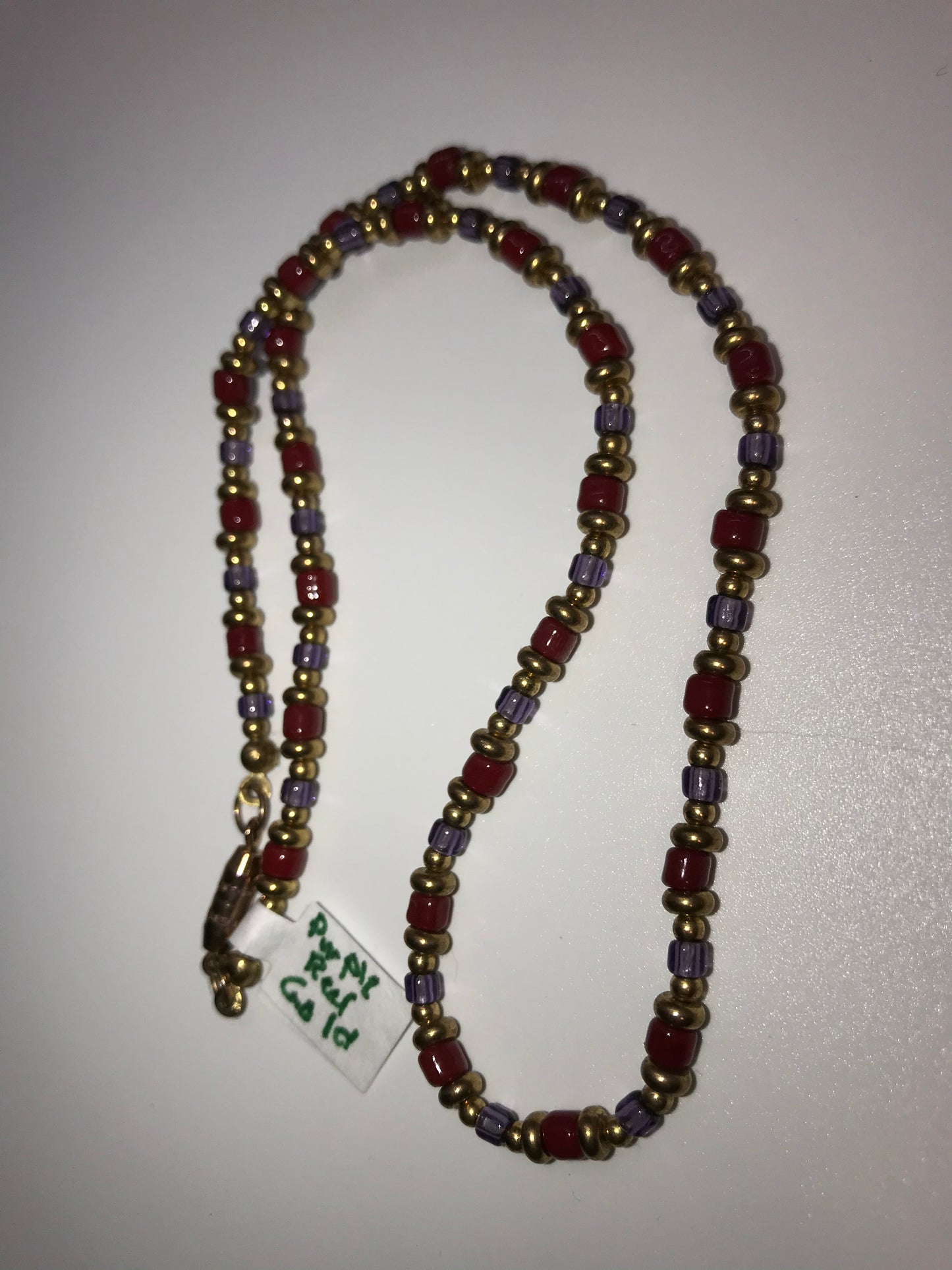 14" Long Red, Purple, and Gold Beaded Necklace