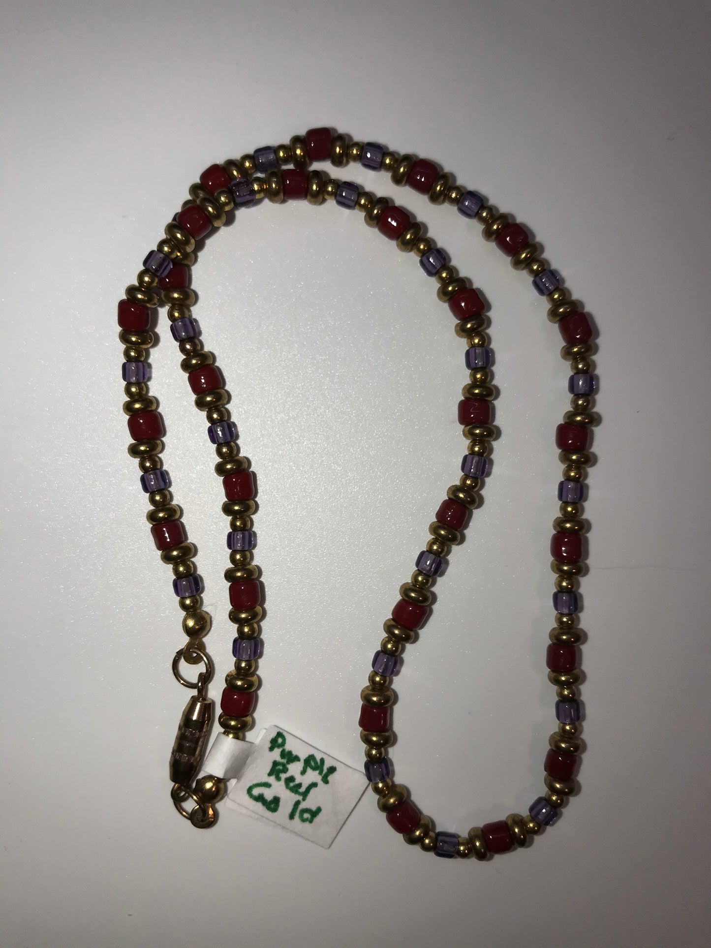 14" Long Red, Purple, and Gold Beaded Necklace