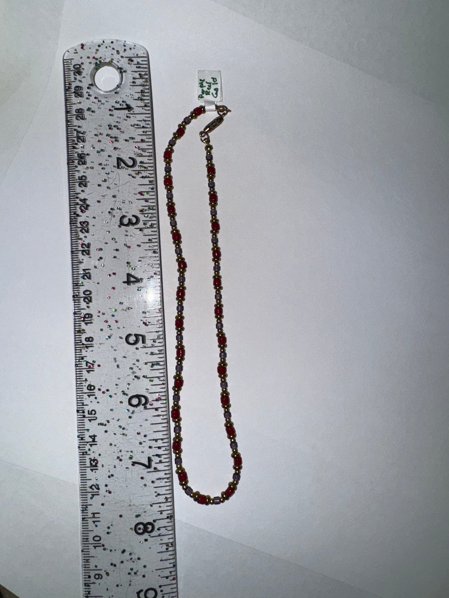 14" Long Red, Purple, and Gold Beaded Necklace