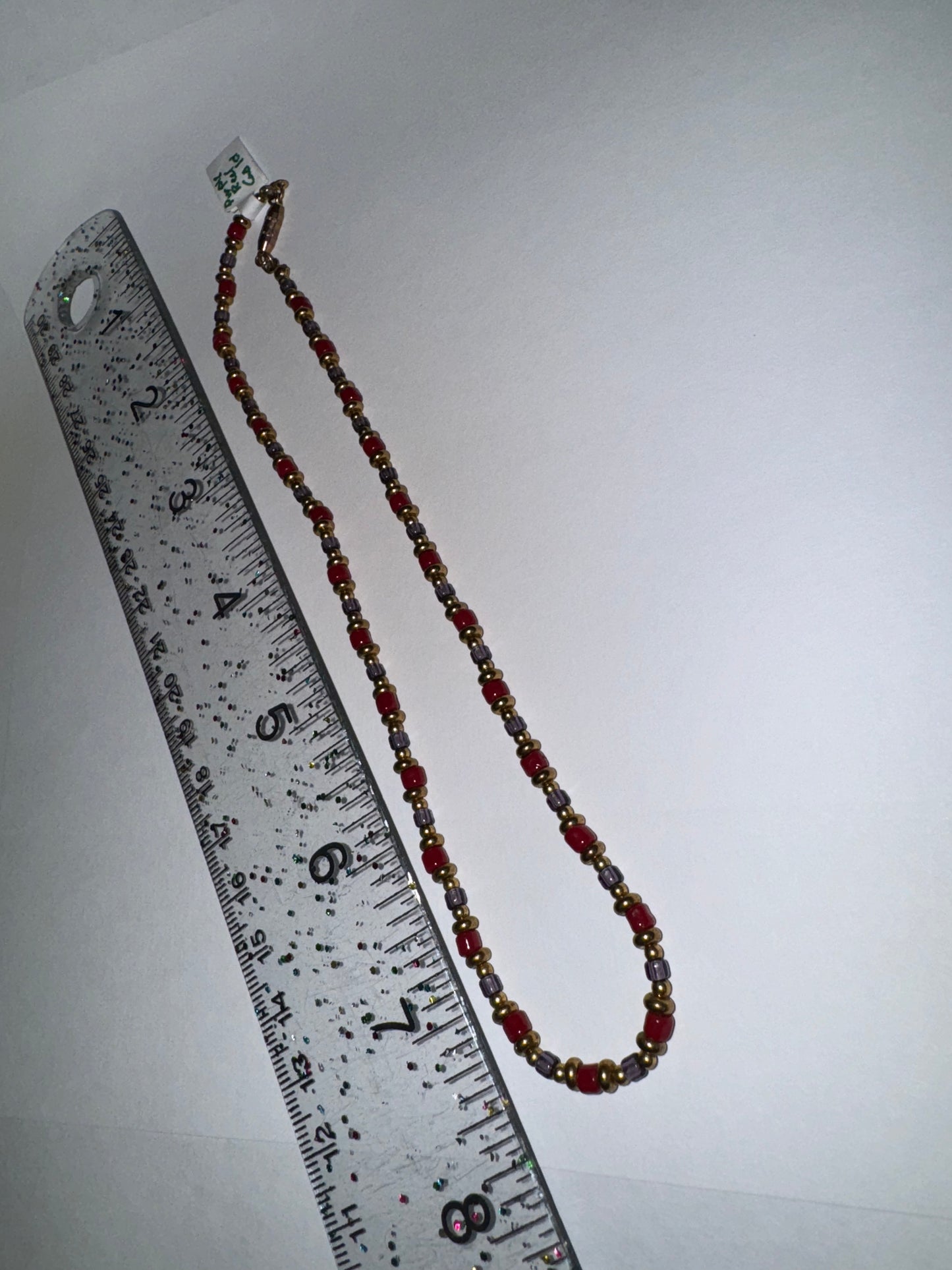 14" Long Red, Purple, and Gold Beaded Necklace