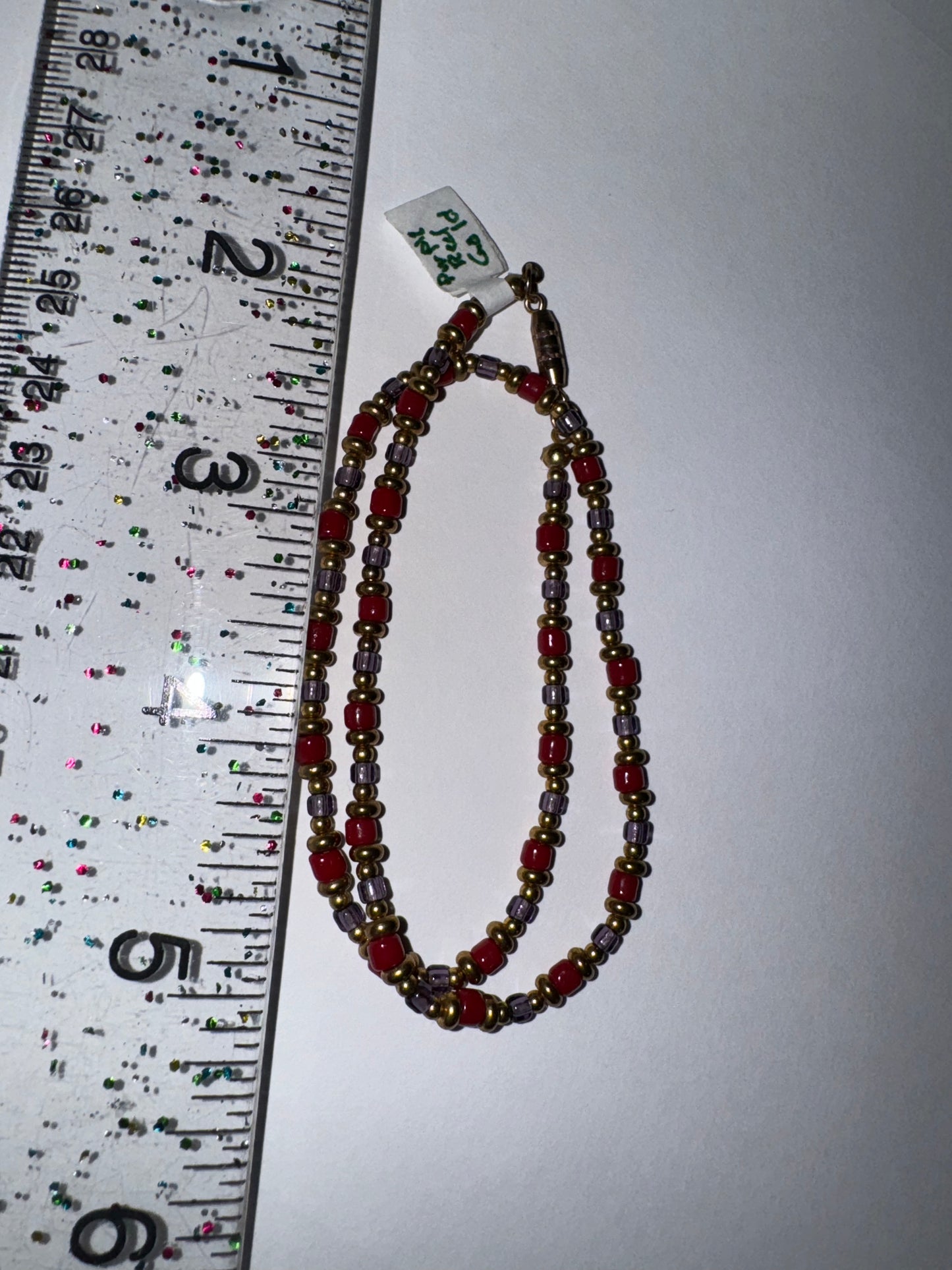 14" Long Red, Purple, and Silver Beaded Necklace