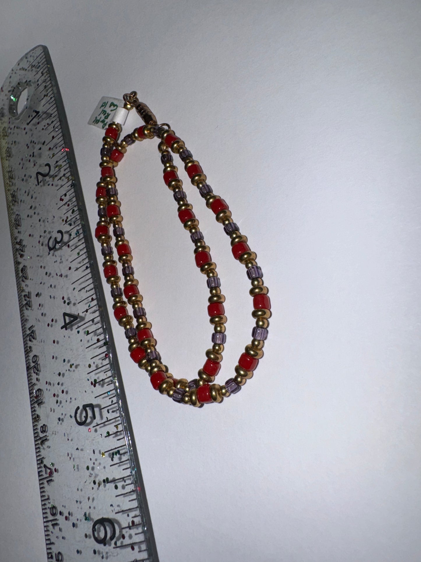 14" Long Red, Purple, and Silver Beaded Necklace