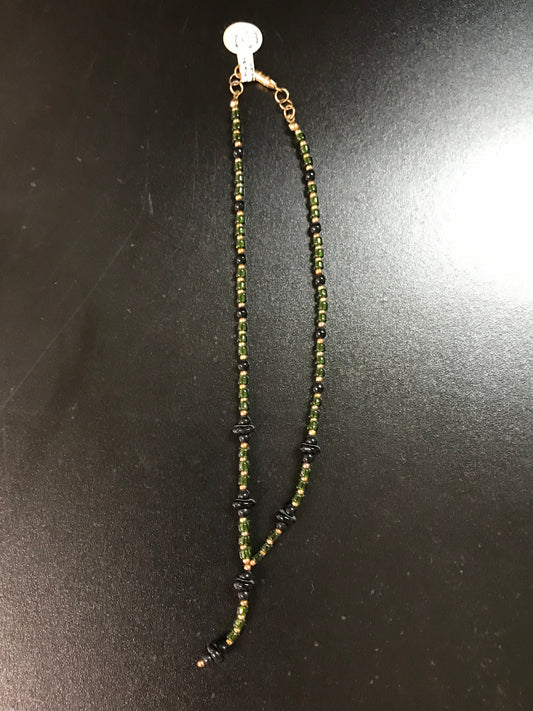 14 1/2" long Green and gold with Obsidian Y Necklace