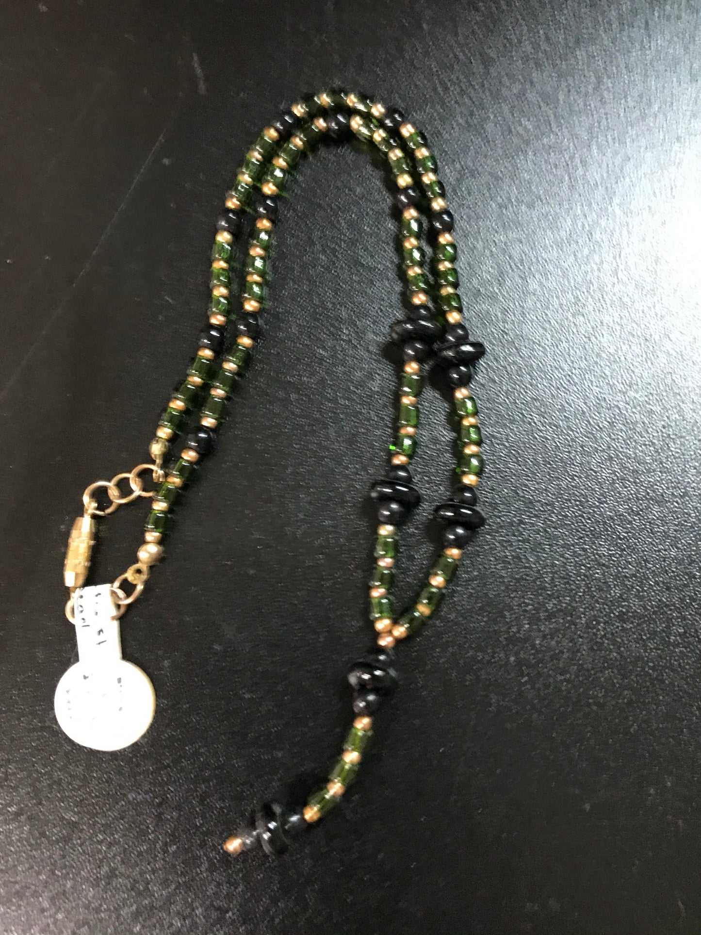 14 1/2" long Green and gold with Obsidian Y Necklace