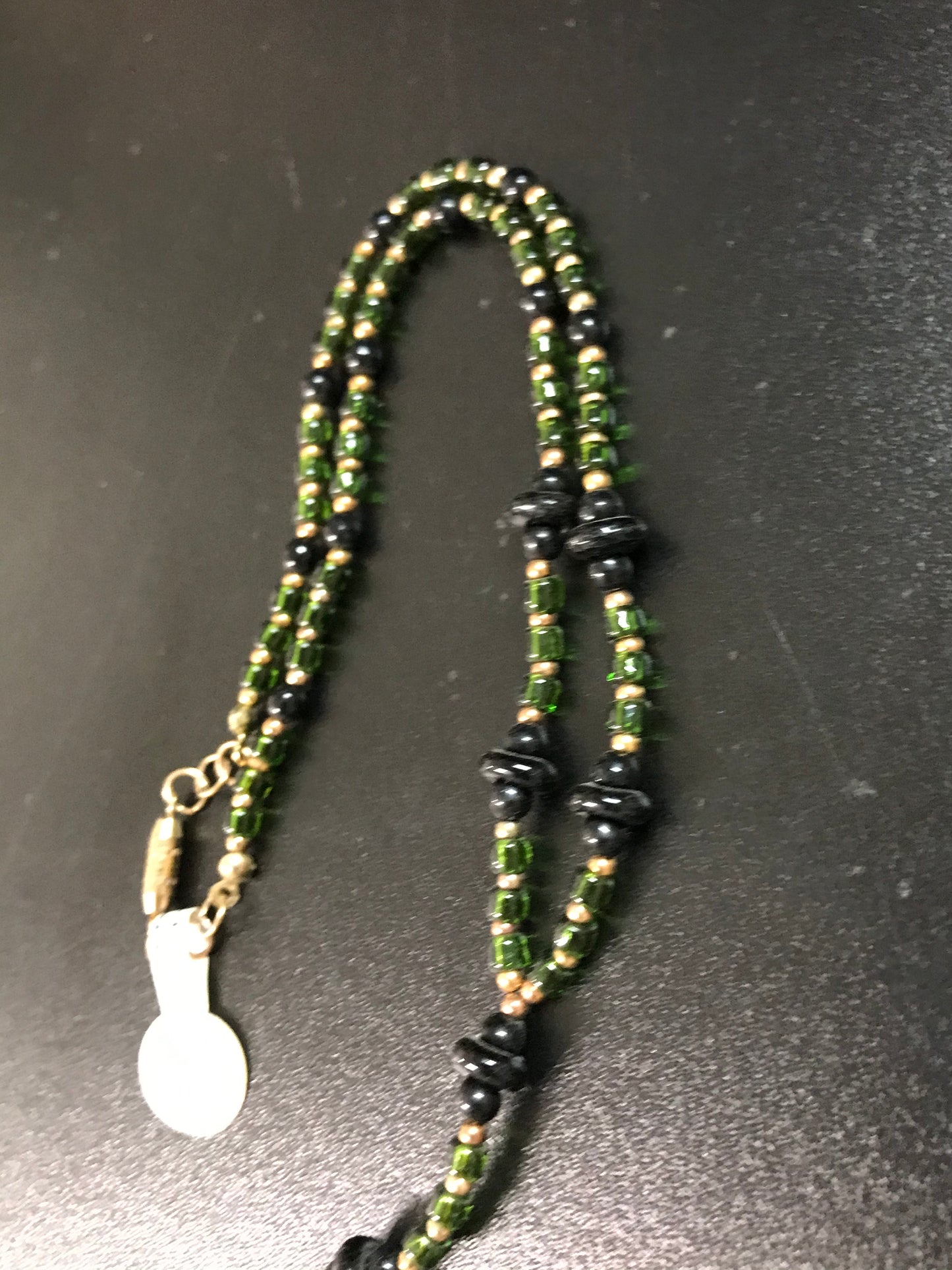 14 1/2" long Green and gold with Obsidian Y Necklace