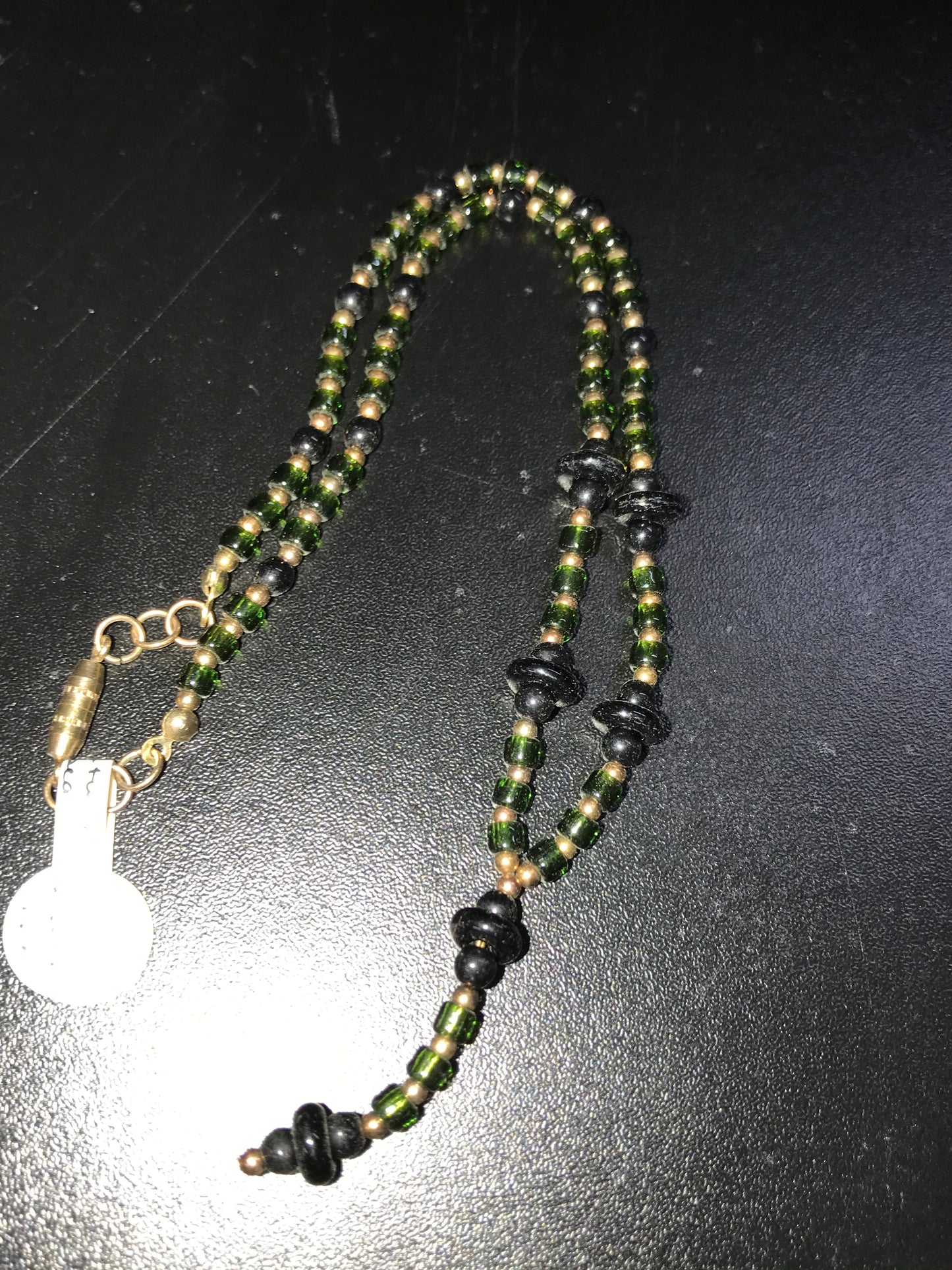 14 1/2" long Green and gold with Obsidian Y Necklace