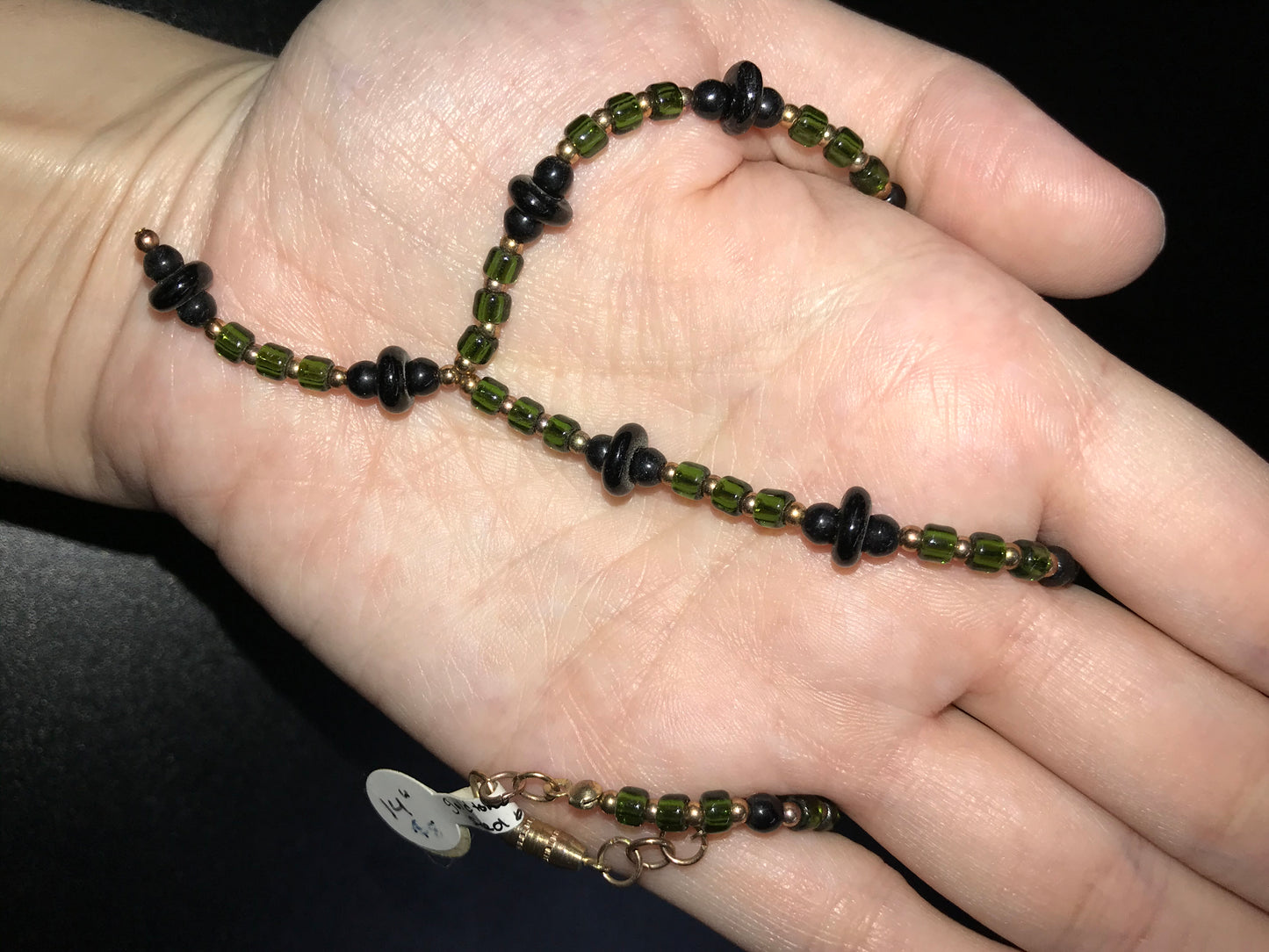 14 1/2" long Green and gold with Obsidian Y Necklace