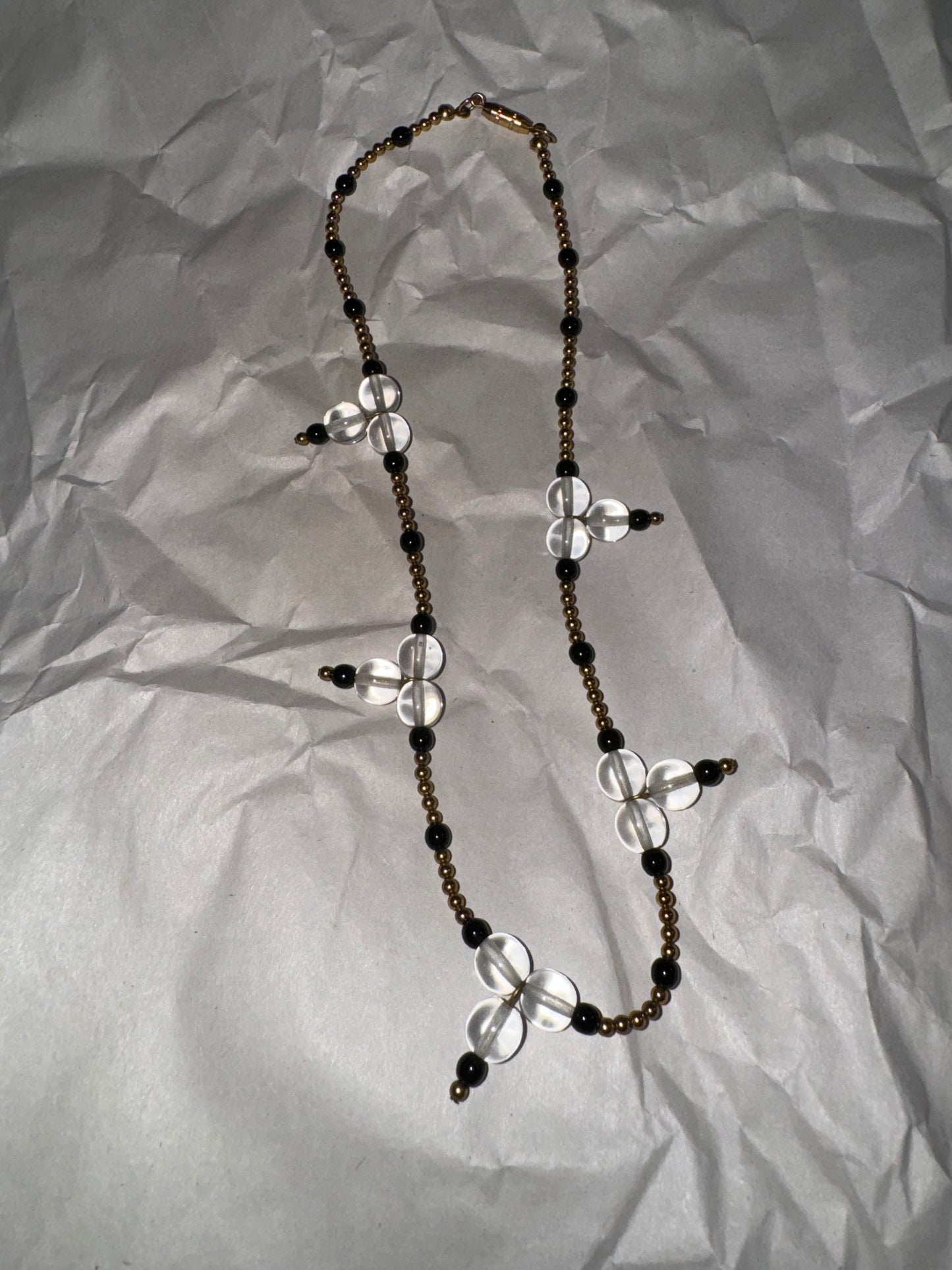 15" Black and Clear Beaded Necklace with Gold-tone Accents