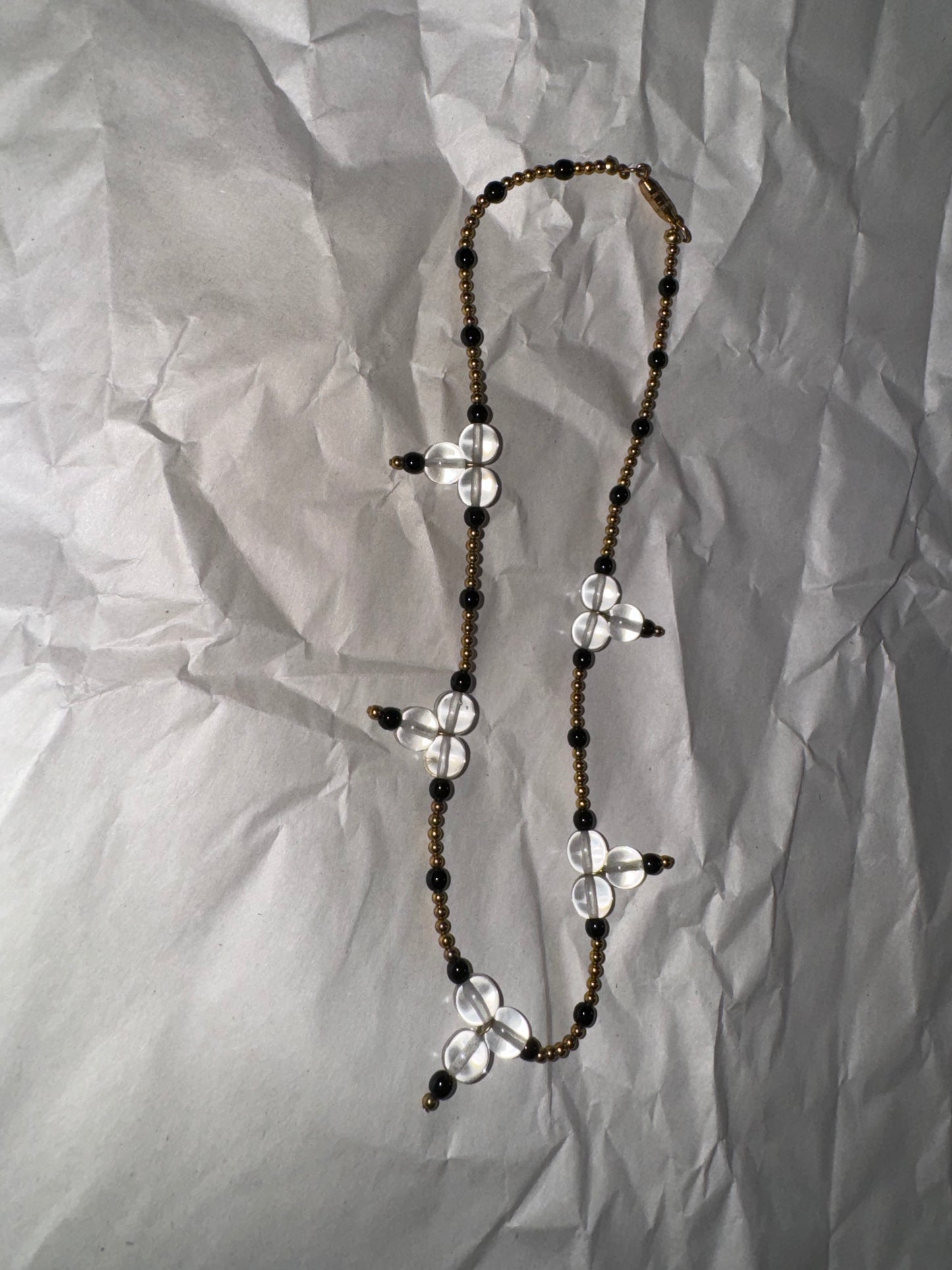 15" Black and Clear Beaded Necklace with Gold-tone Accents