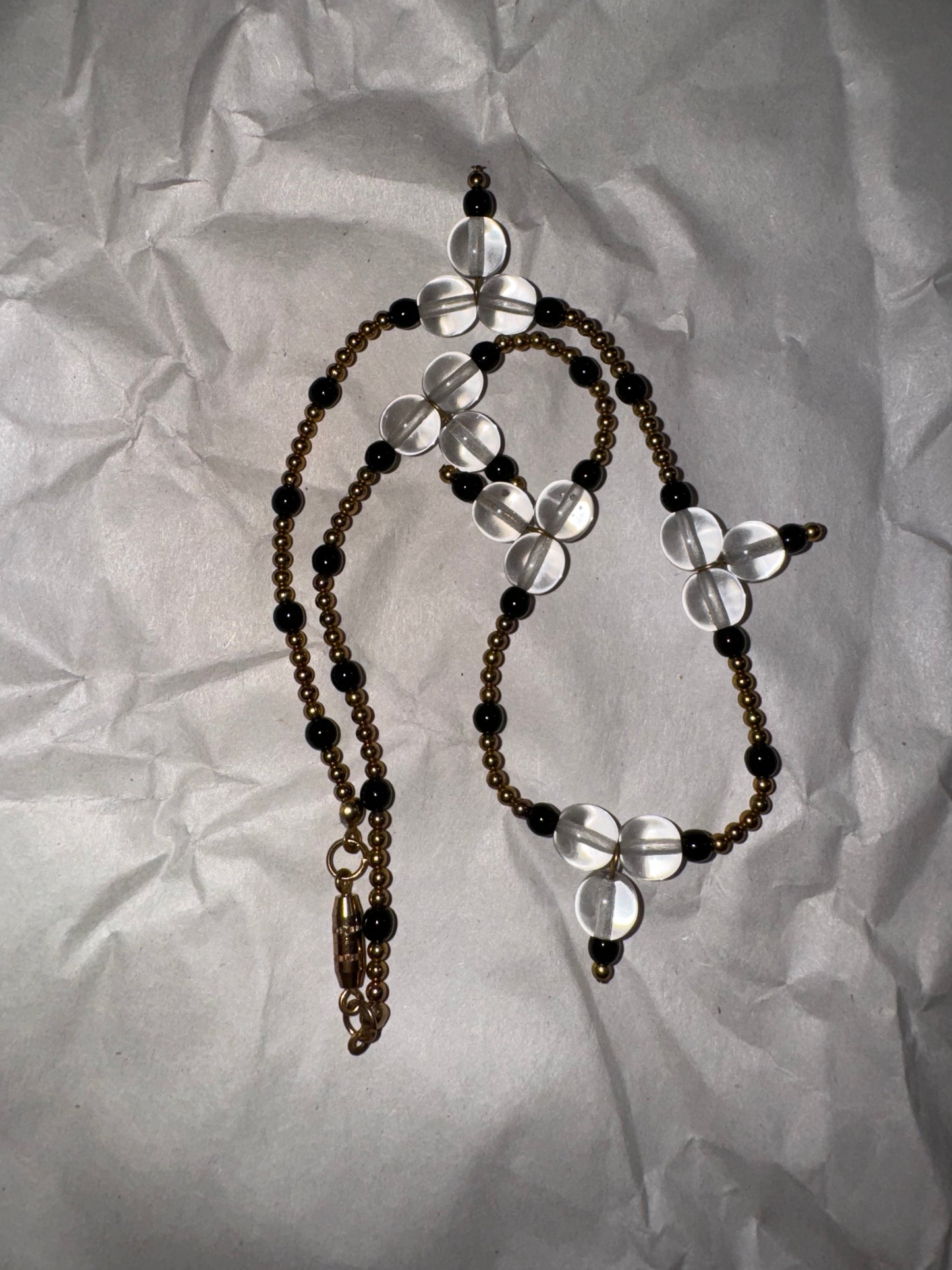 15" Black and Clear Beaded Necklace with Gold-tone Accents