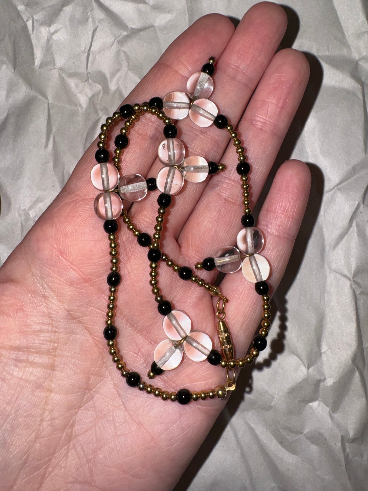 15" Black and Clear Beaded Necklace with Gold-tone Accents