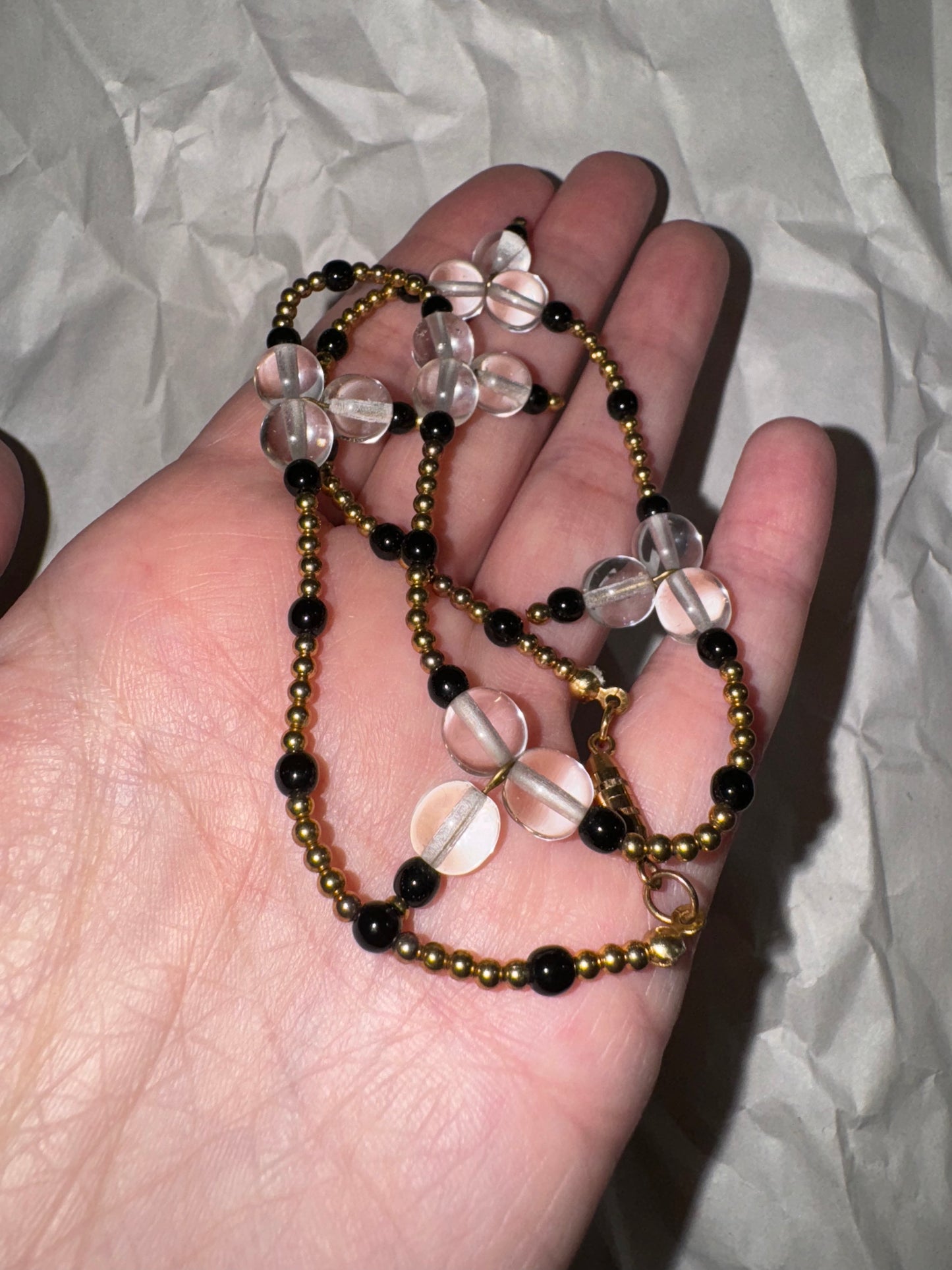 15" Black and Clear Beaded Necklace with Gold-tone Accents