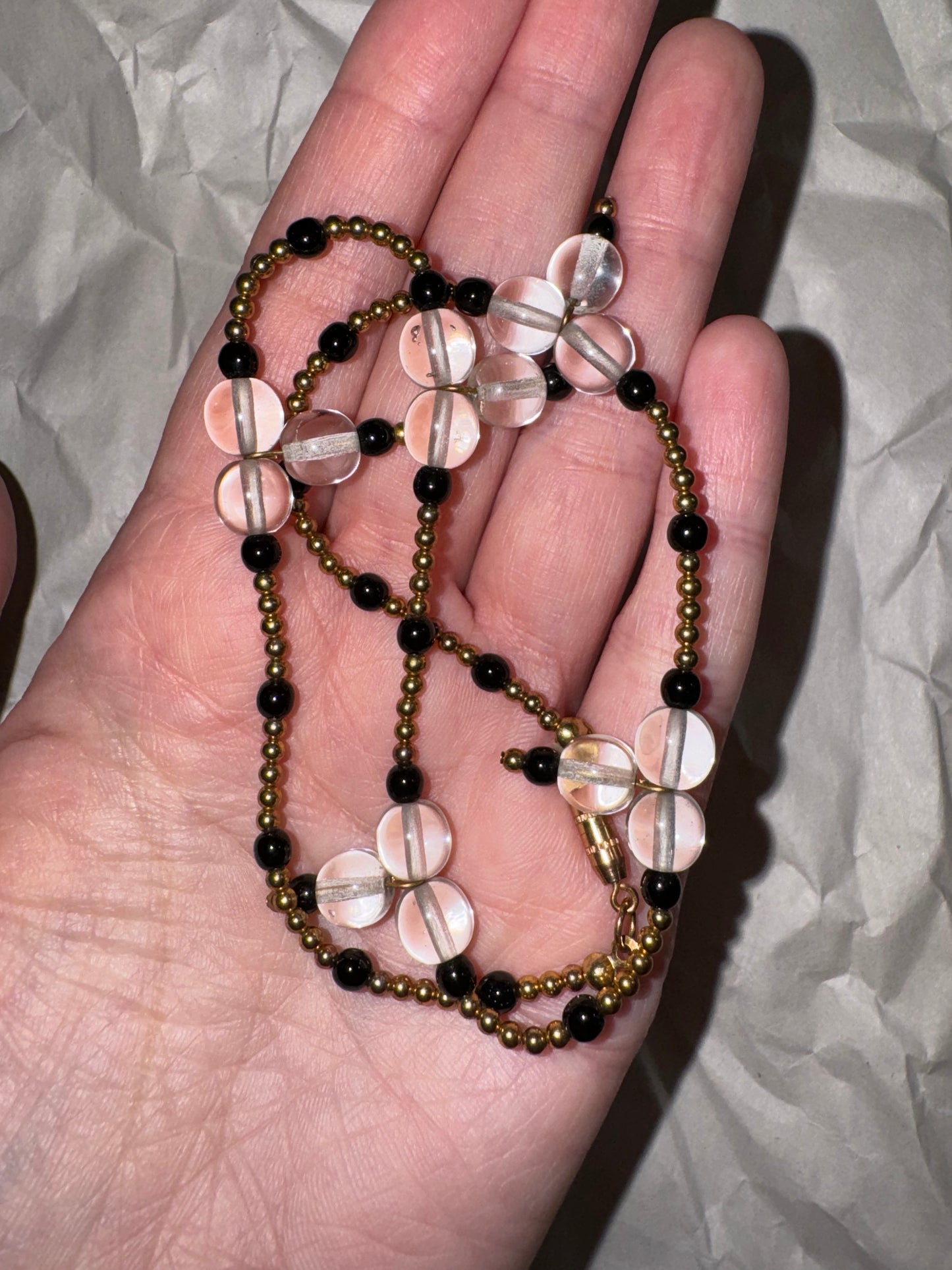 15" Black and Clear Beaded Necklace with Gold-tone Accents