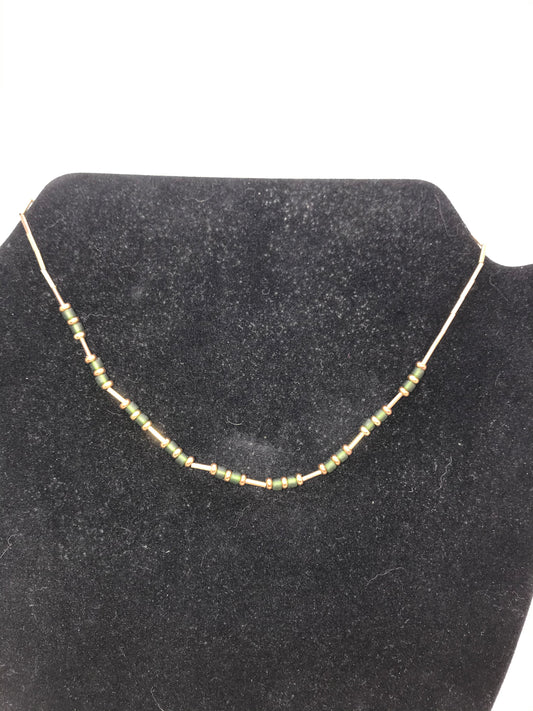 15" Matte Green And Gold Seed Bead Handmade Beaded Necklace