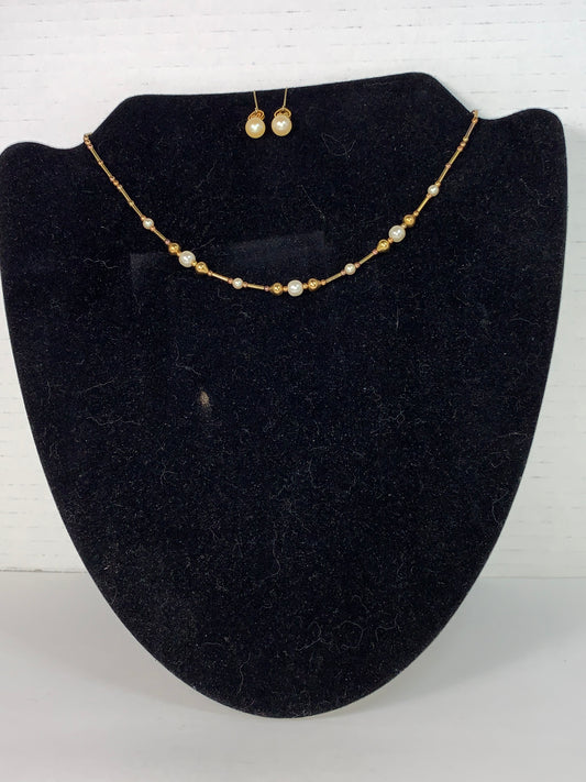 15" Pearl and Gold beaded Necklace and Earrings Set