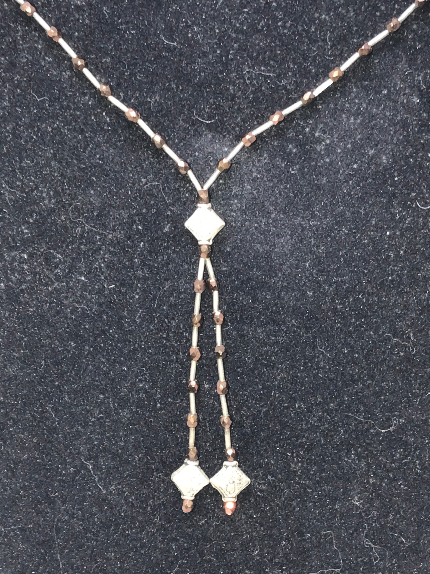 15" Bronze and Silver Beaded Bolo-Type Necklace