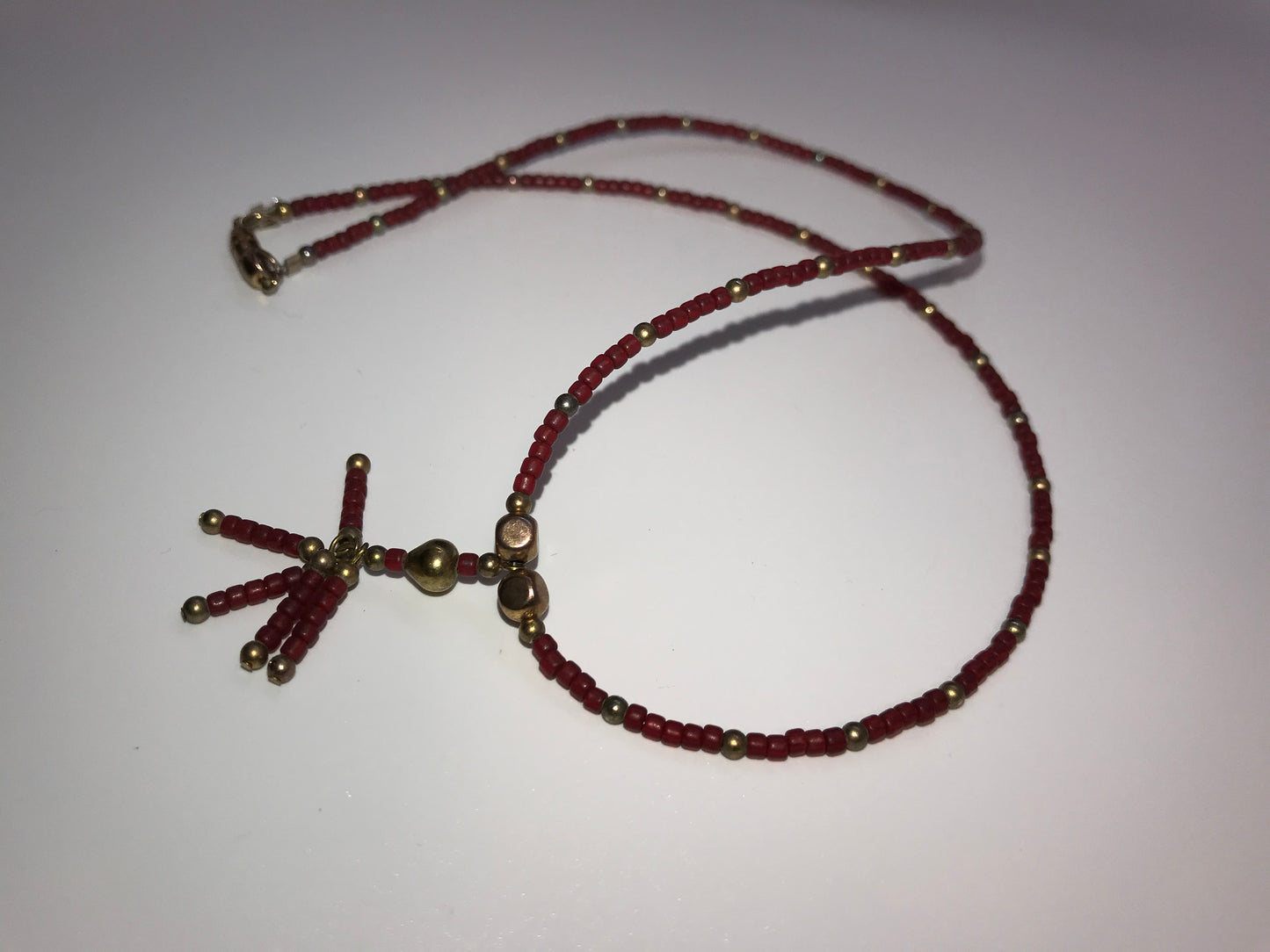 18" Red Matte and gold Seed Bead Necklace