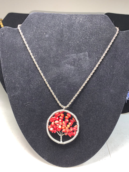 18" 4mm Rope chain with Red Coral Tree of Life Pendant