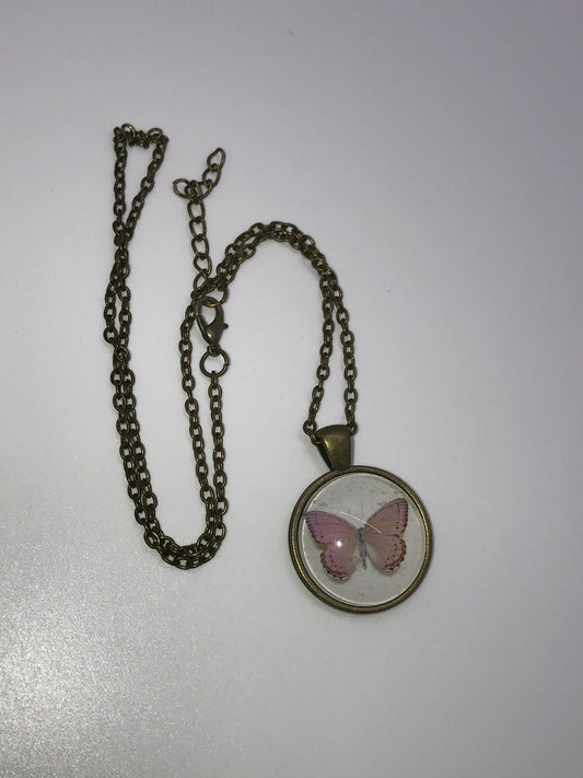 18" White and Pink Butterfly Brass Necklace