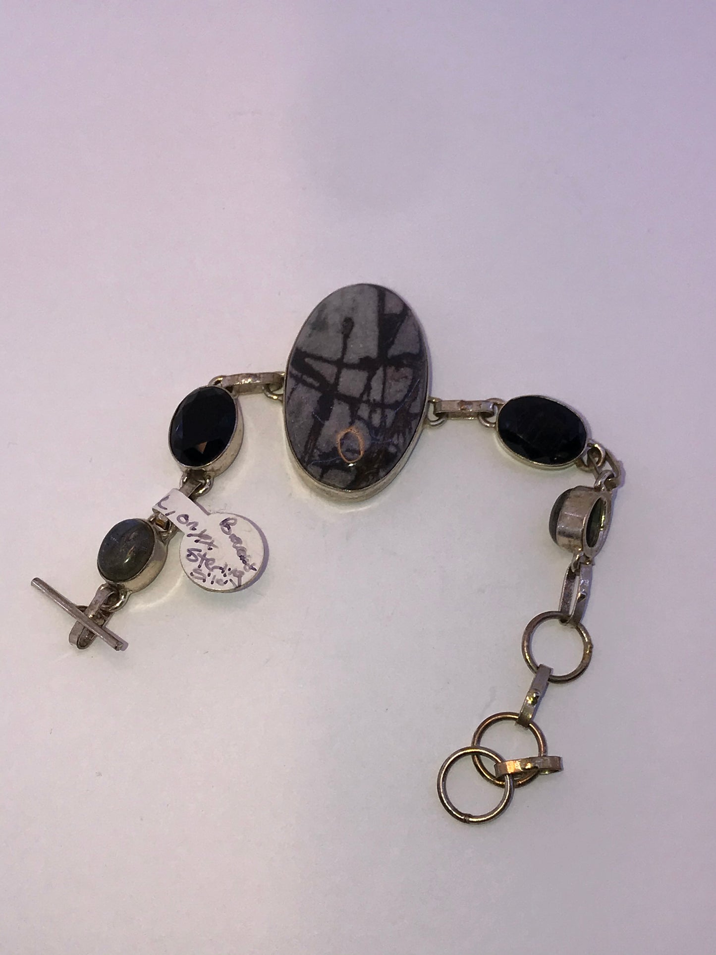 7 3/4" Picasso Jasper, Onyx, and Labradorite Silver Bracelet