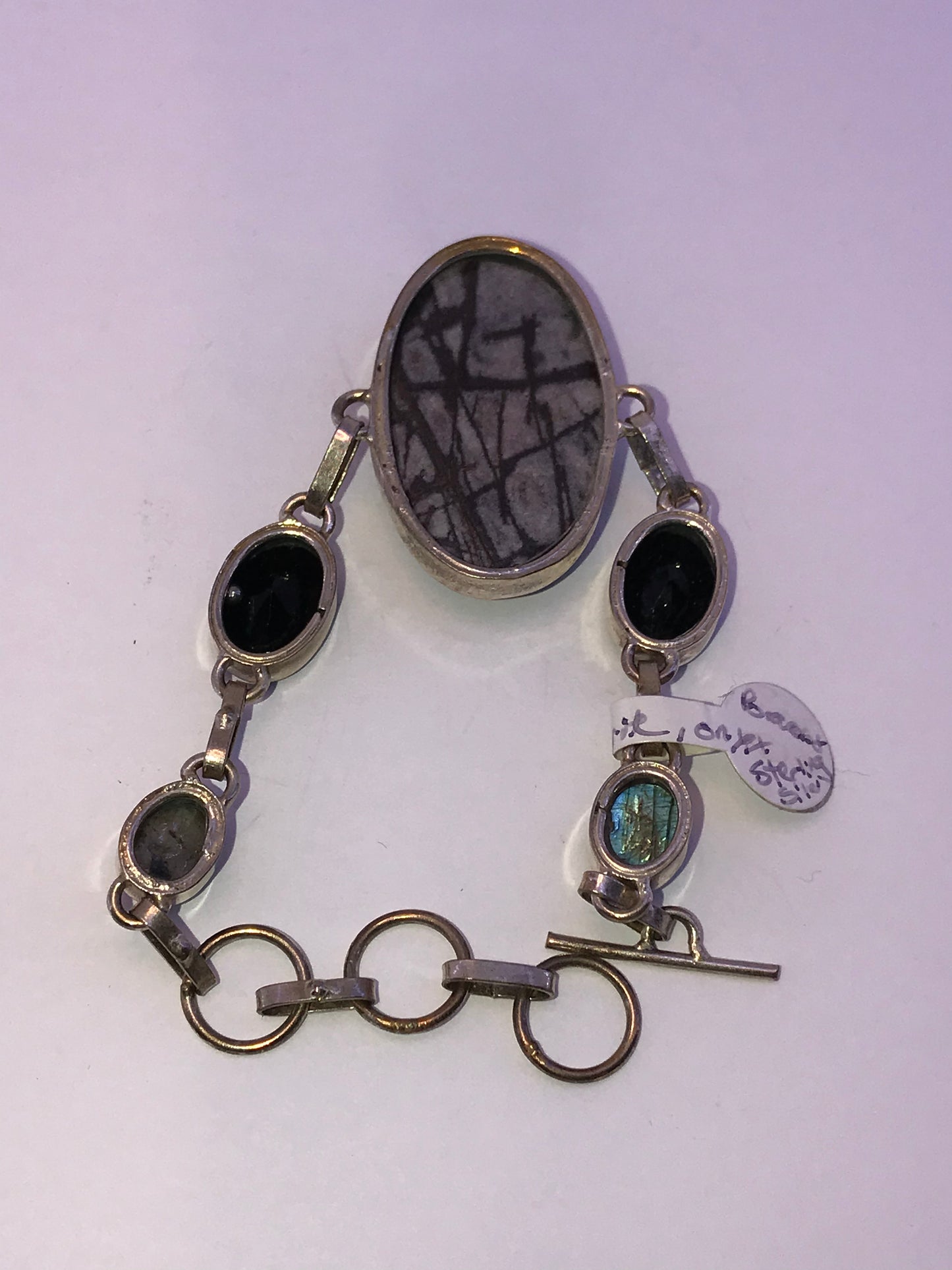 7 3/4" Picasso Jasper, Onyx, and Labradorite Silver Bracelet