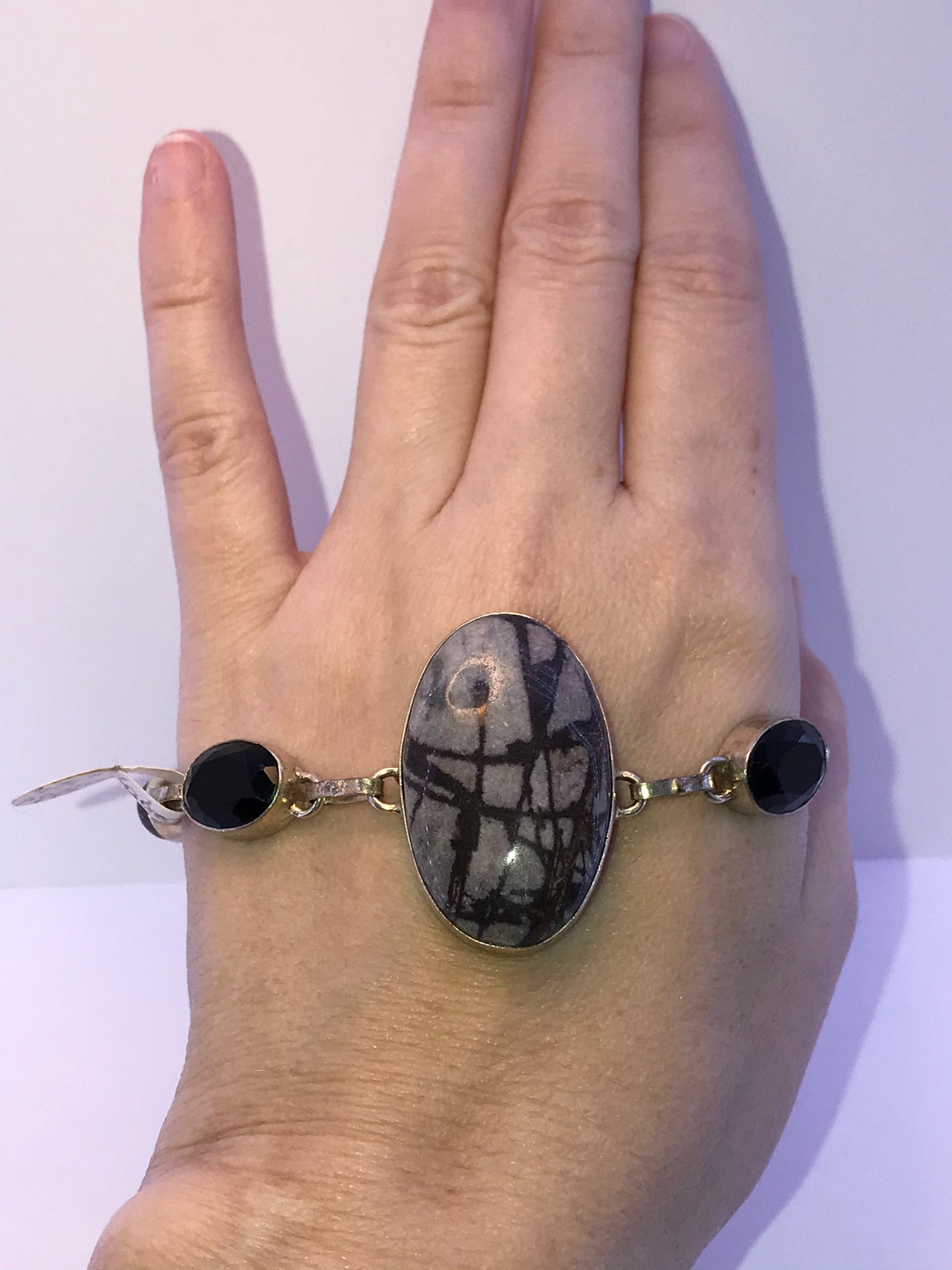 7 3/4" Picasso Jasper, Onyx, and Labradorite Silver Bracelet