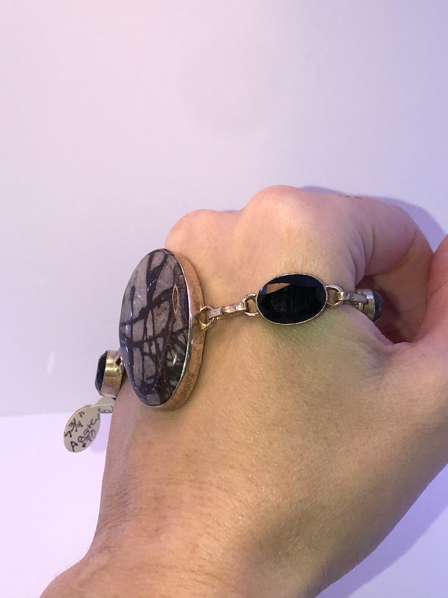 7 3/4" Picasso Jasper, Onyx, and Labradorite Silver Bracelet