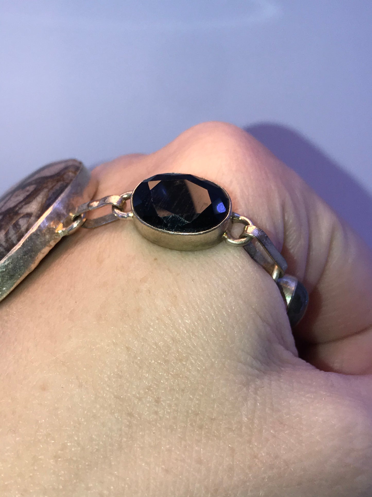 7 3/4" Picasso Jasper, Onyx, and Labradorite Silver Bracelet