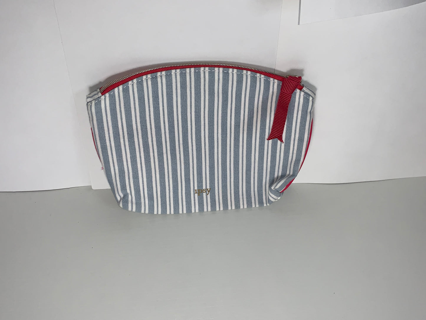 Blue and white striped Ipsy Makeup bag