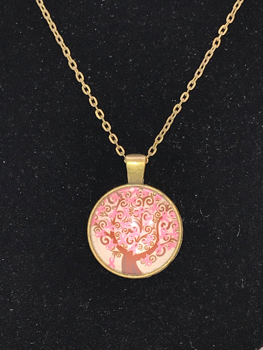 20" Pink Ribbon Tree Of Life Brass Cable Chain Necklace