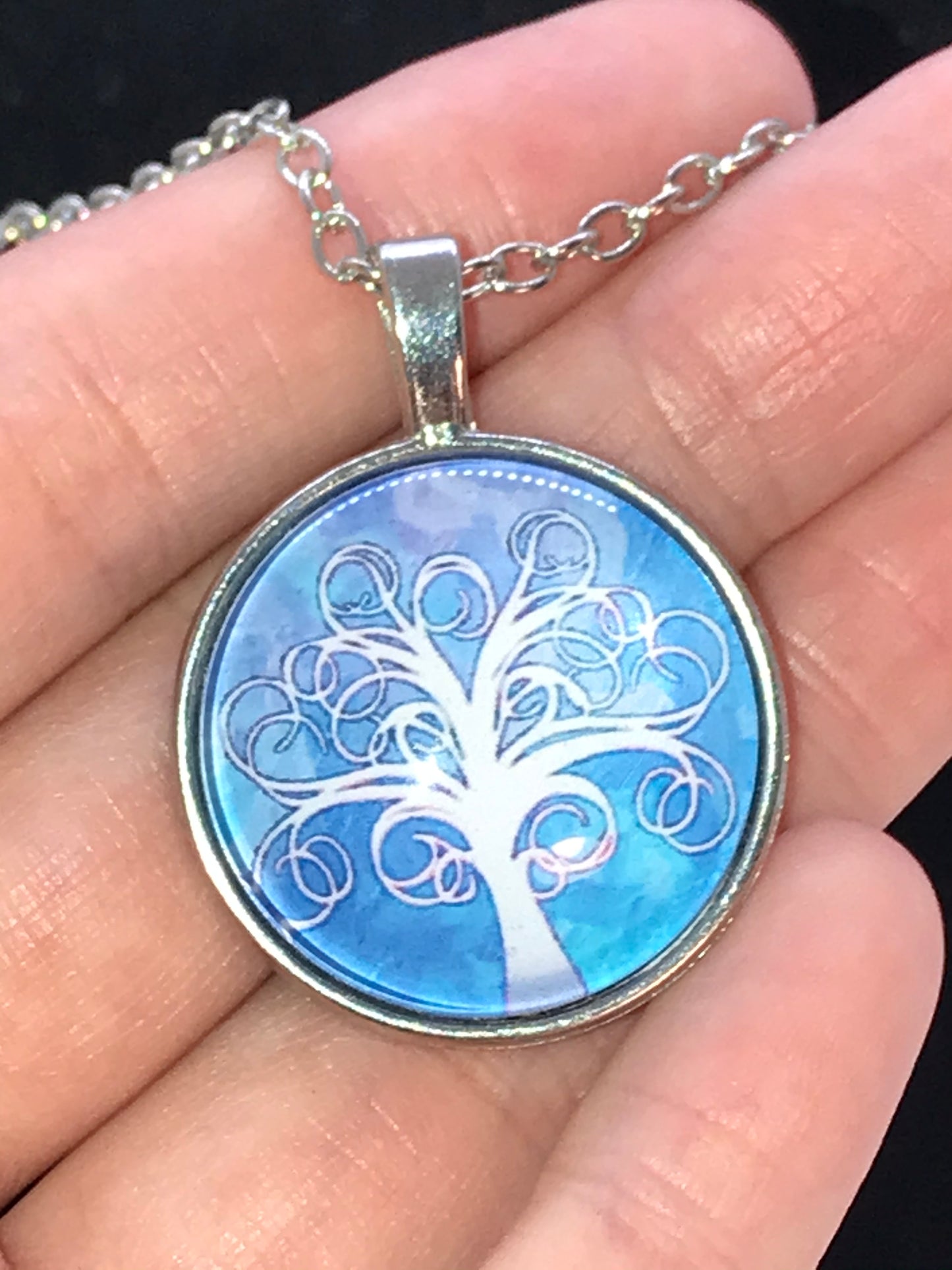 20" Blue and White Tree Of Life Cable Chain Necklace