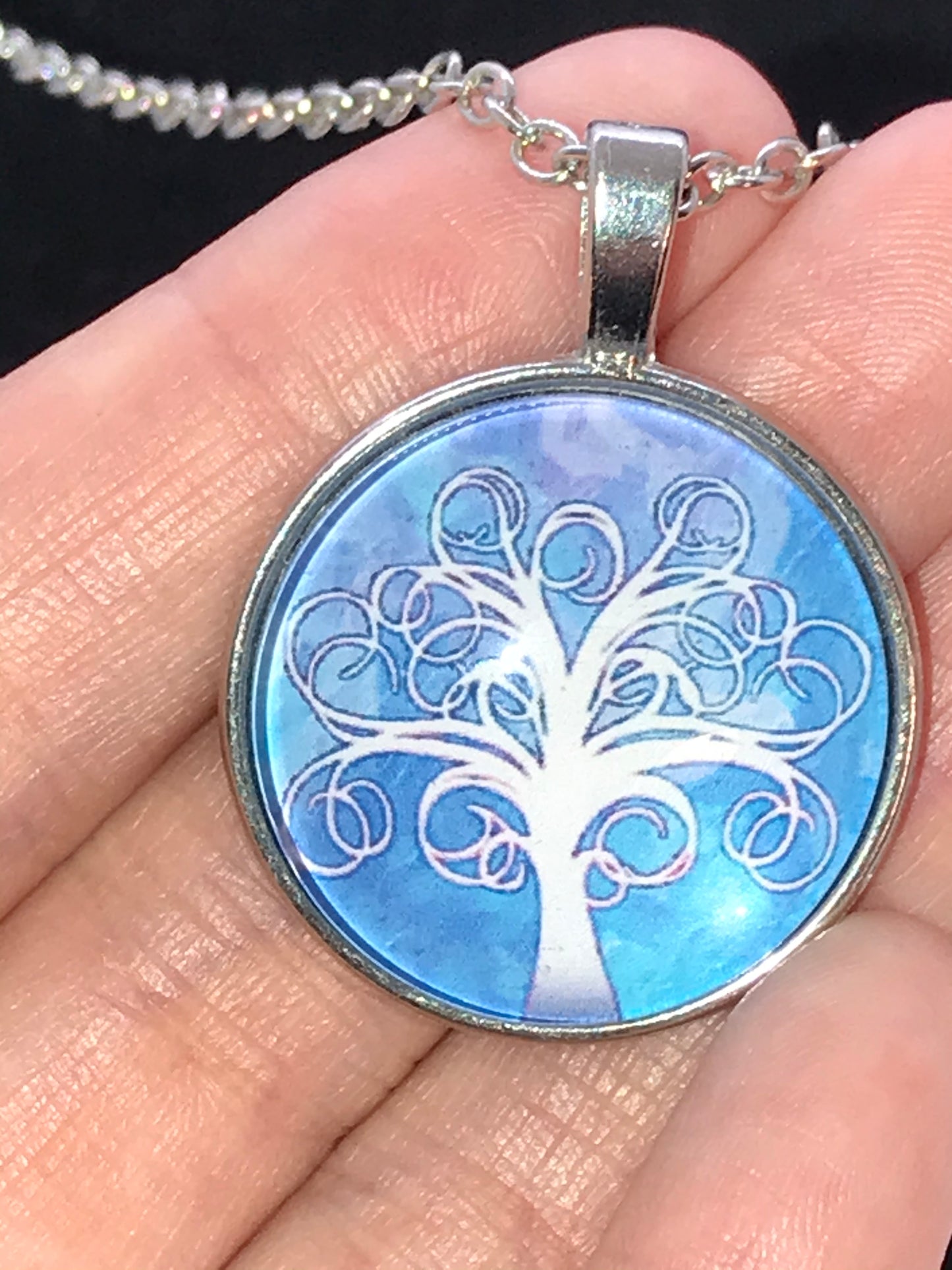 20" Blue and White Tree Of Life Cable Chain Necklace