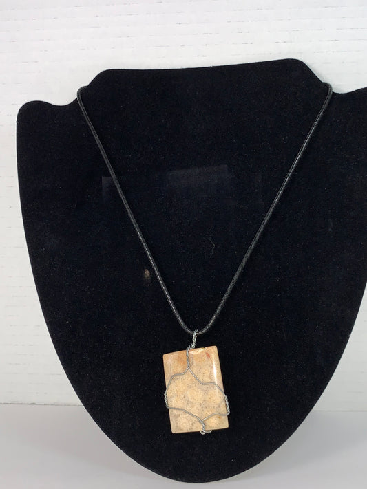 20" Braided Leather necklace with Wire wrapped Fossilized Coral Pendant