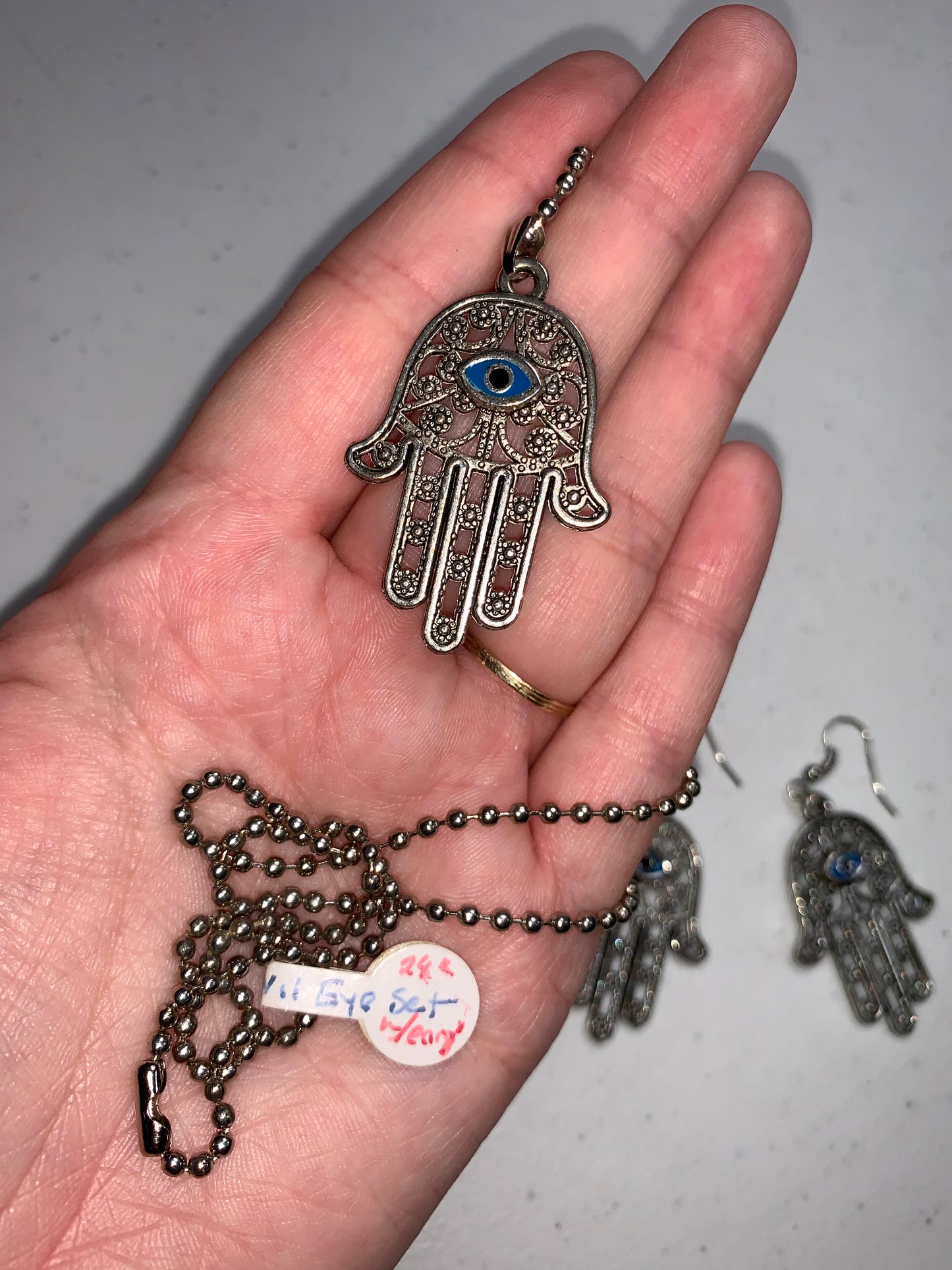 28" Ball Chain Necklace with Hamsa Pendant and Matching earrings, set