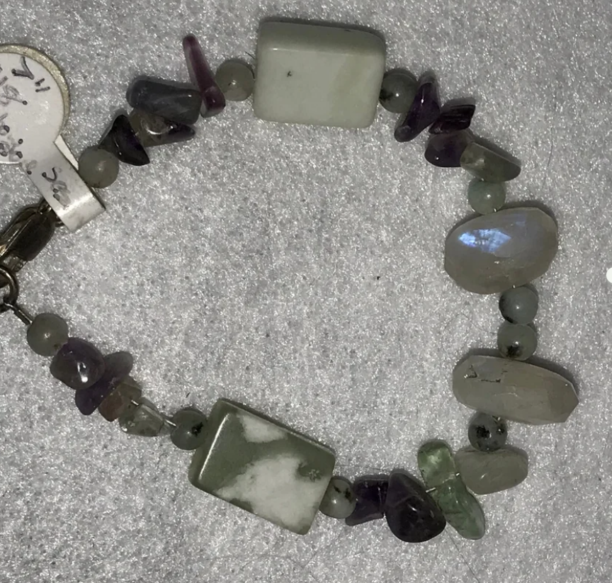 6 3/4" Rainbow Fluorite, Moonstone and Jade Bracelet