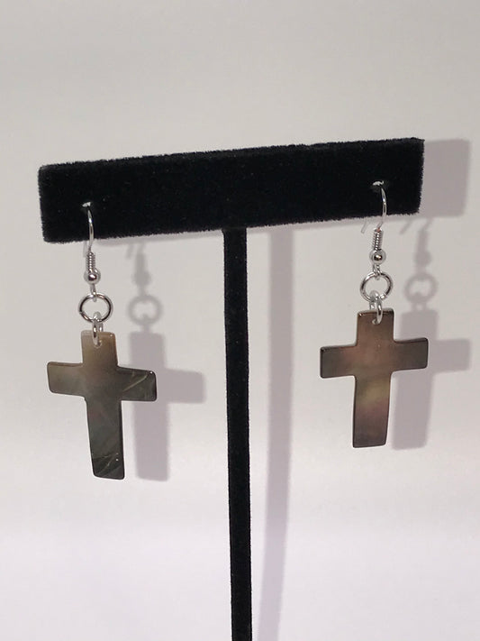 Black Lip Pearl Cross Earrings