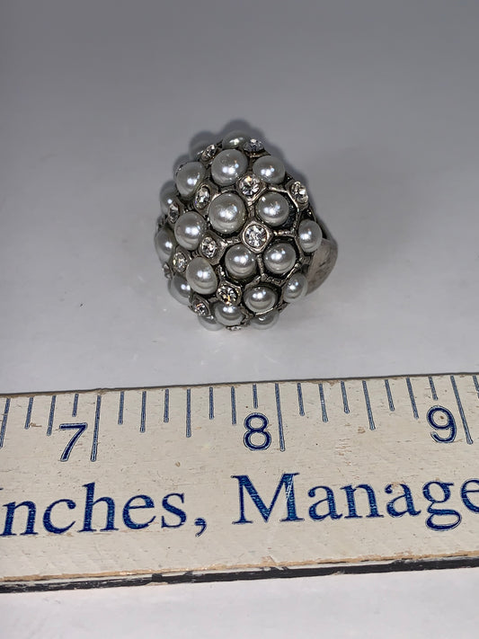 Faux Pearl and Rhinestone Silver Tone Costume Ring