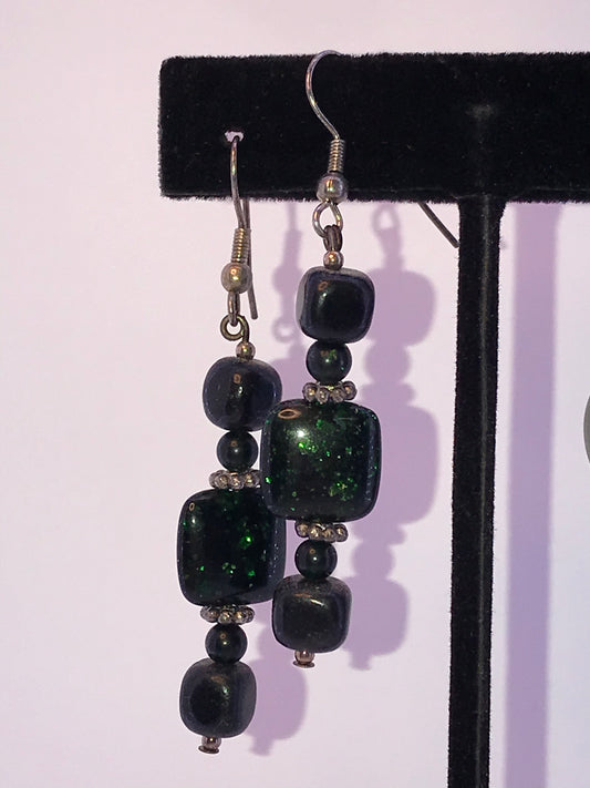 Green Goldstone and Onyx Earrings