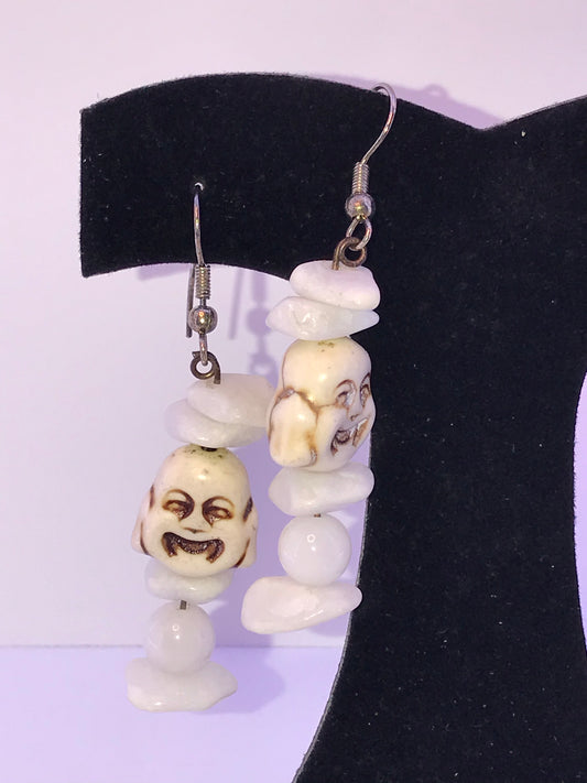 Laughing Buddha and Snowy Quartz Earrings