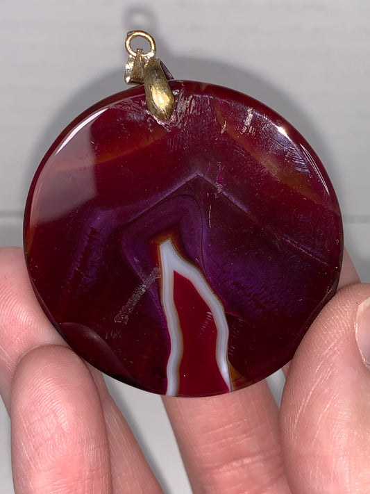 Maroon and Fuchsia Striped Onyx Agate Circular Pendant