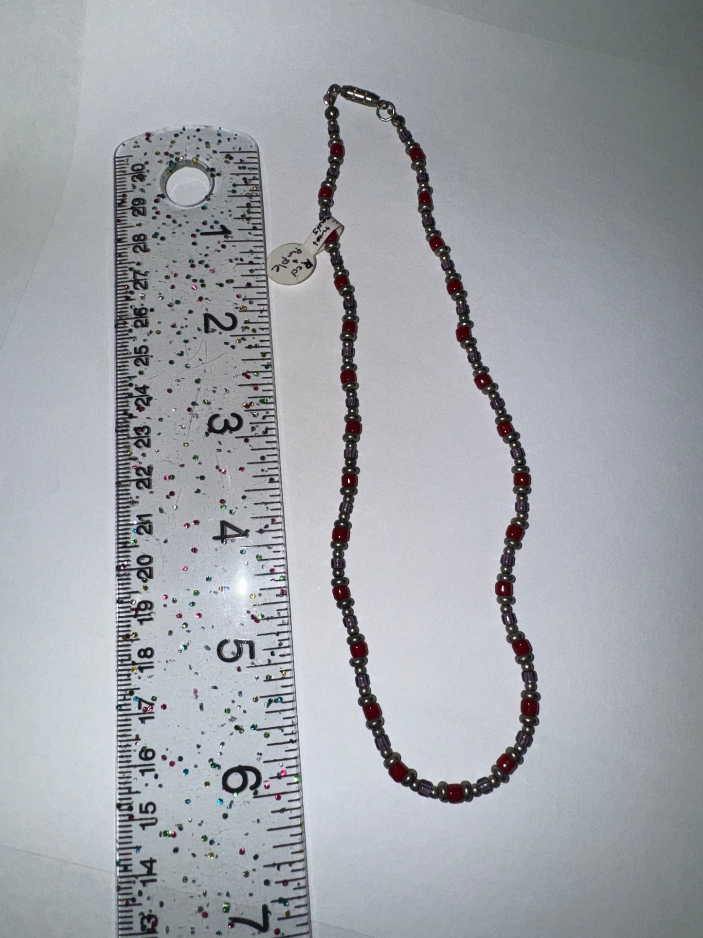 14" Long Red, Purple, and Silver Beaded Necklace