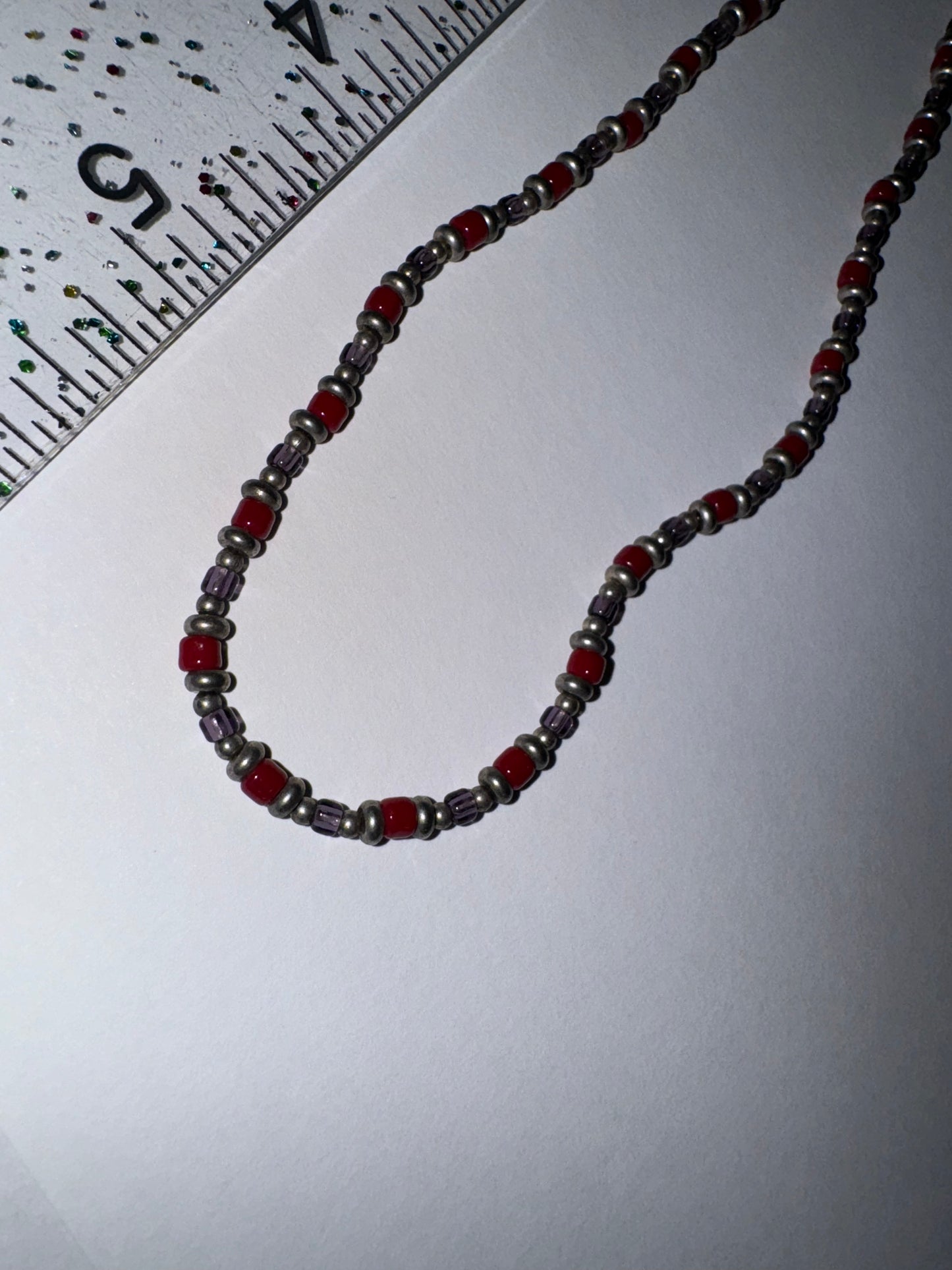 14" Long Red, Purple, and Silver Beaded Necklace