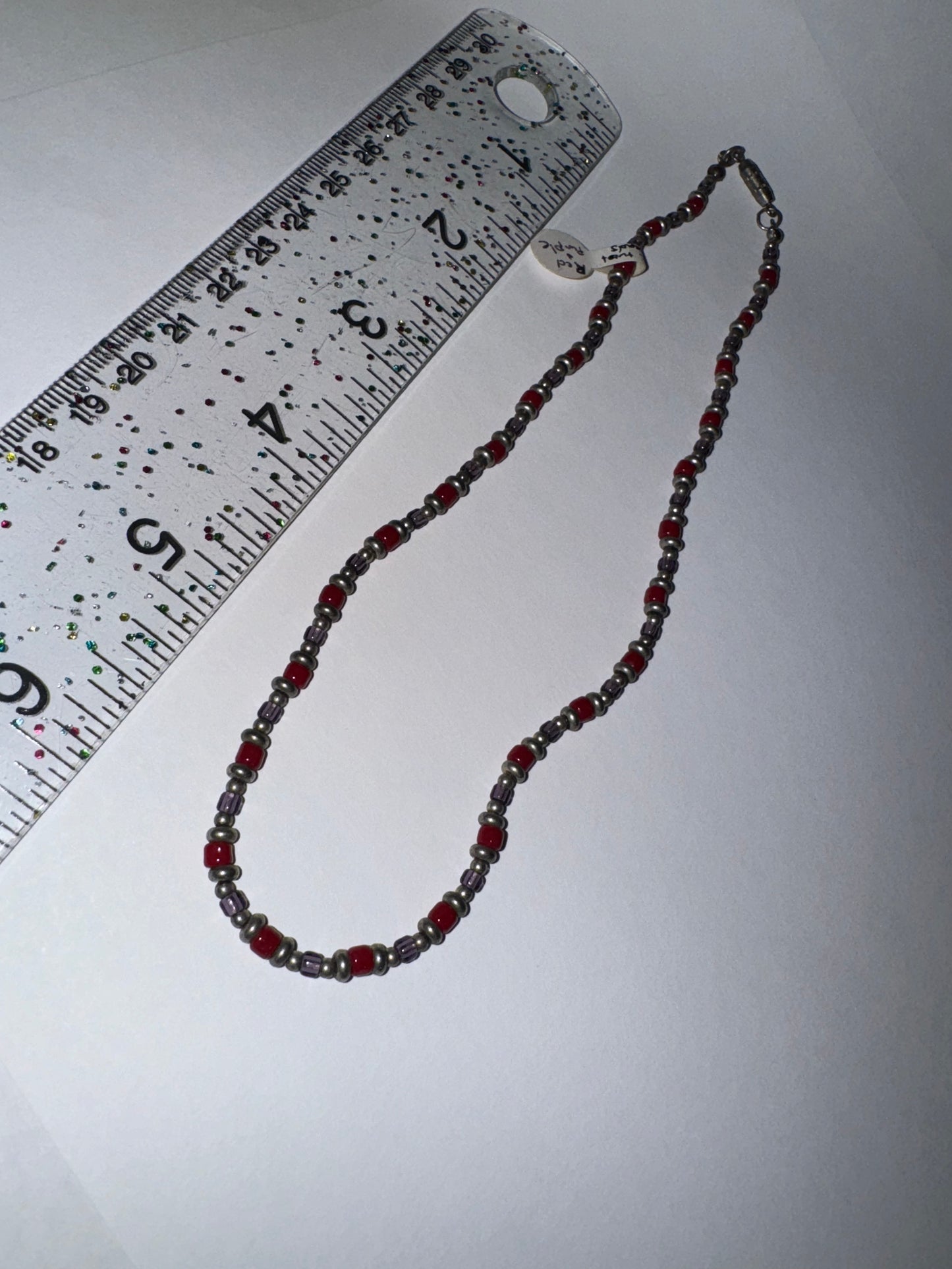 14" Long Red, Purple, and Silver Beaded Necklace