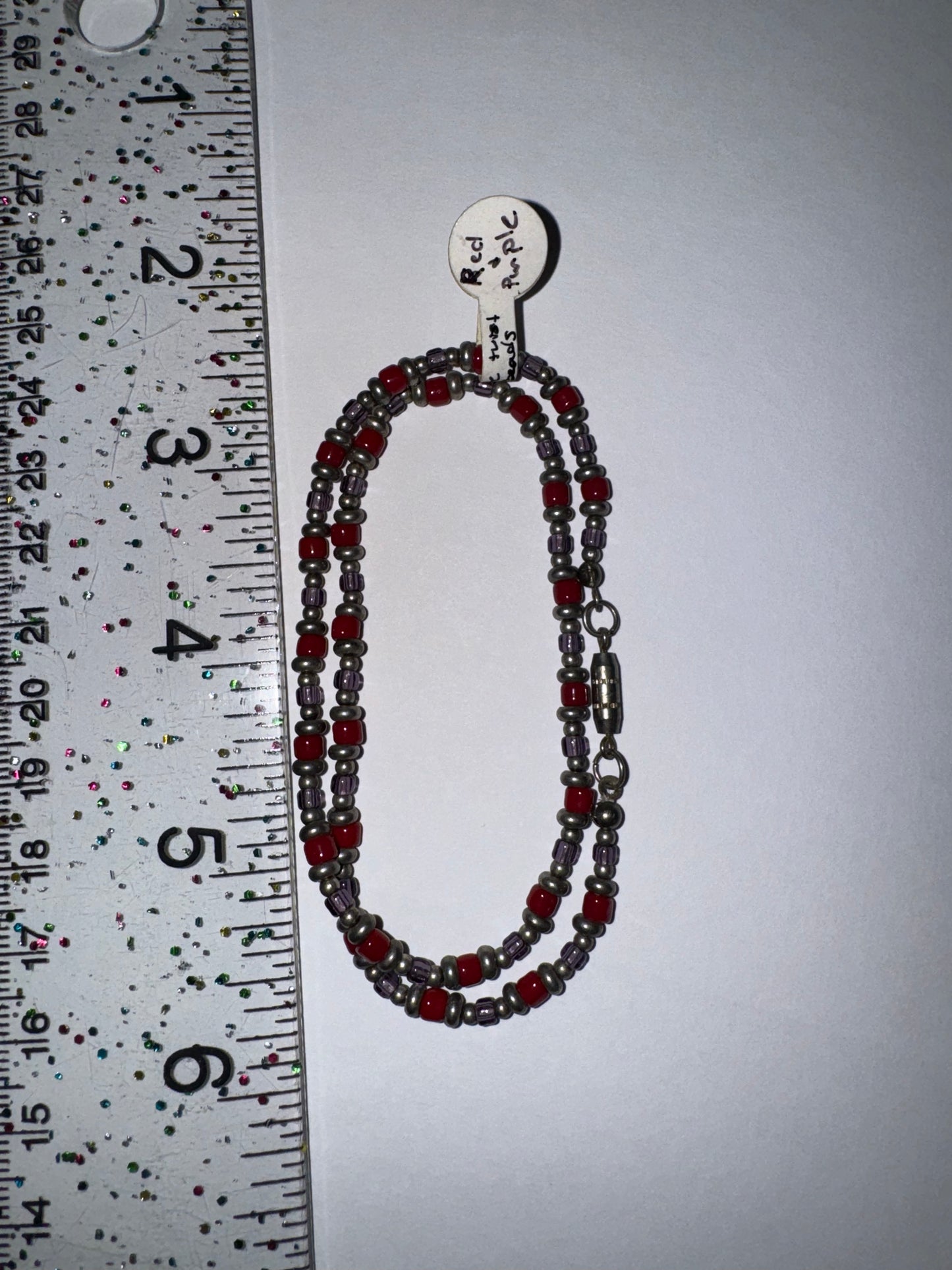 14" Long Red, Purple, and Silver Beaded Necklace