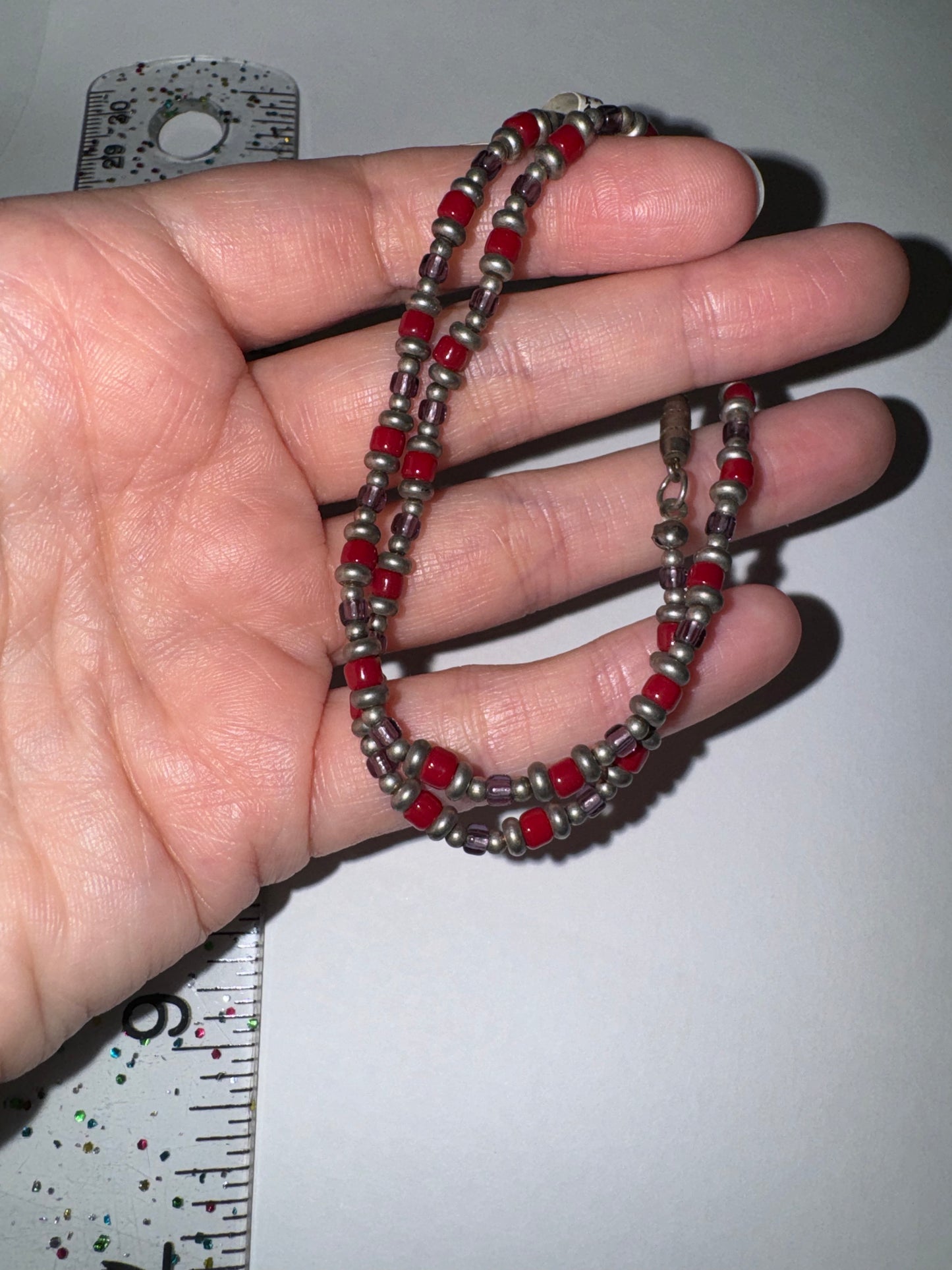 14" Long Red, Purple, and Silver Beaded Necklace