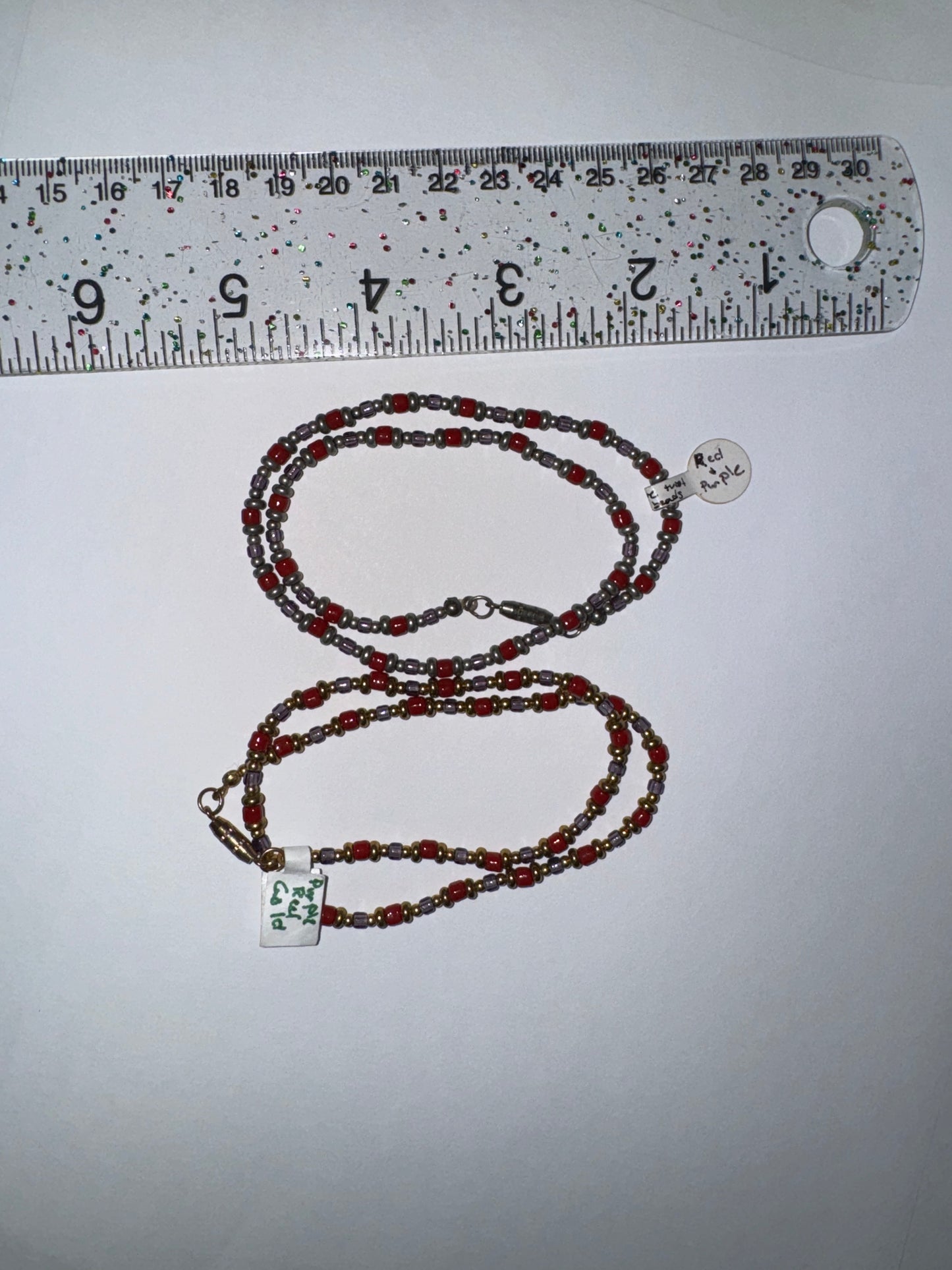 14" Long Red, Purple, and Silver Beaded Necklace