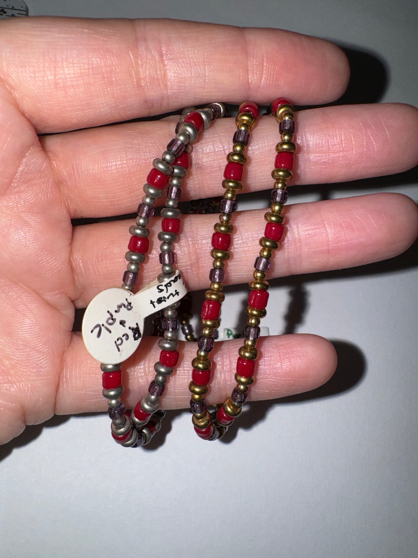 14" Long Red, Purple, and Silver Beaded Necklace