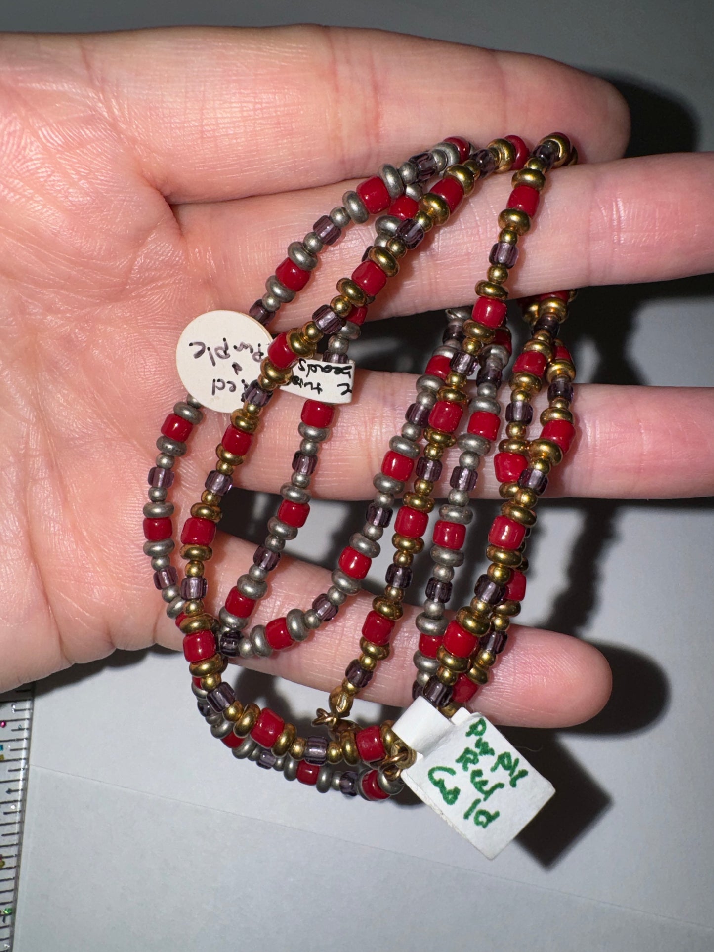 14" Long Red, Purple, and Silver Beaded Necklace